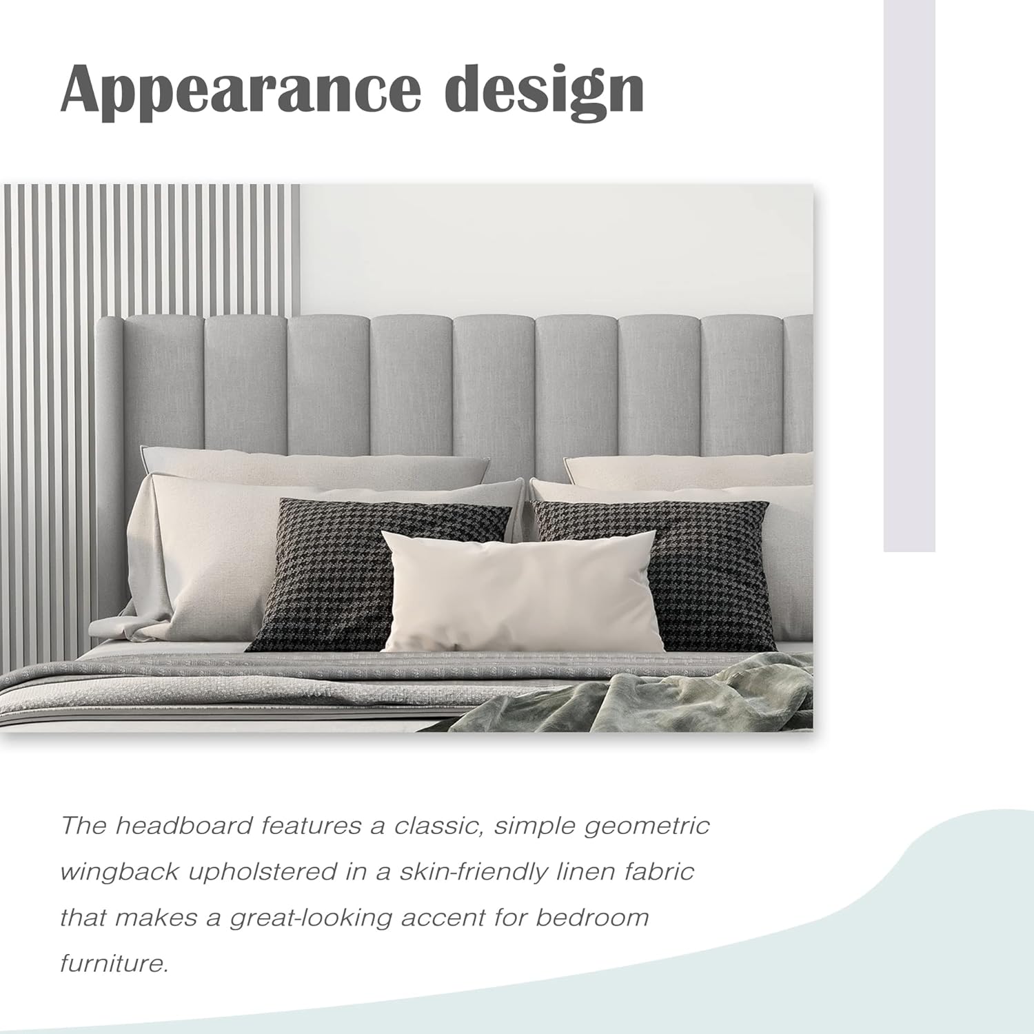 Base de cama tapizada tamaño matrimonial con cabecera con respaldo de ala, no necesita somier, soporte de listones de madera, fácil montaje, gris