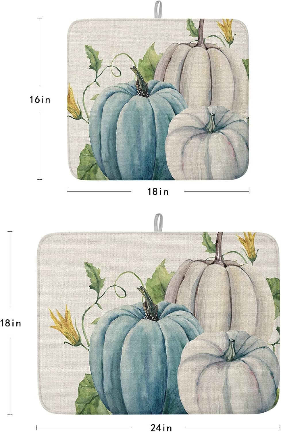 Tapete de secado de platos con calabazas azules y grises para encimera de cocina, hojas florales, hojas de eucalipto de Acción de Gracias,