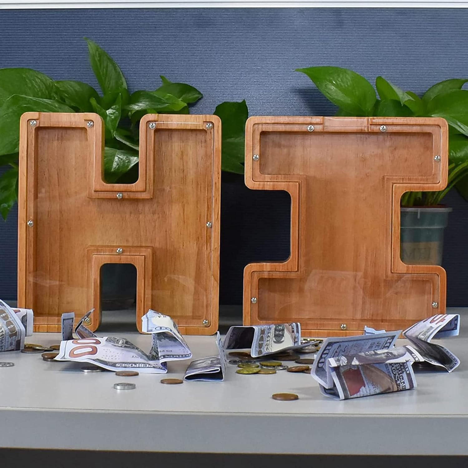 JENPECH Alcancía de madera con letras para niños y niñas, 26 letras del alfabeto, caja de ahorro de dinero transparente, regalo creativo para