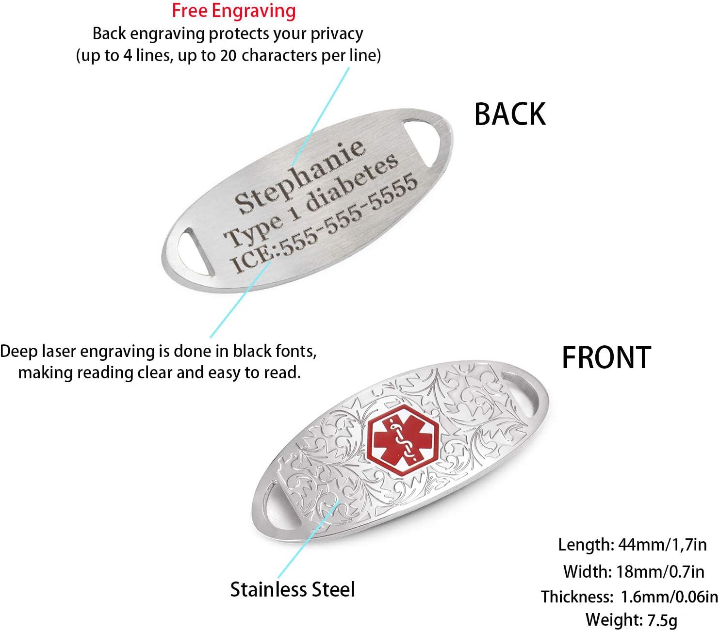 Pulsera de identificación de alerta médica, cadena de acero inoxidable intercambiable con etiqueta de filigrana, pulseras de identificación de