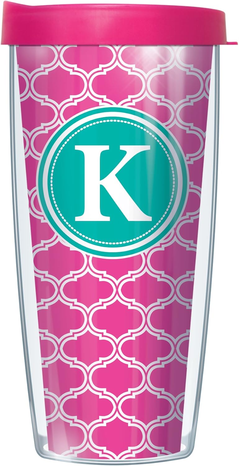 “K” Monogram Insignia Wrap on Pink and White Duofoil with Hot Pink Lid Tumbler Cup 16 oz  Fantástica retención de temperatura, aislamiento térmico!