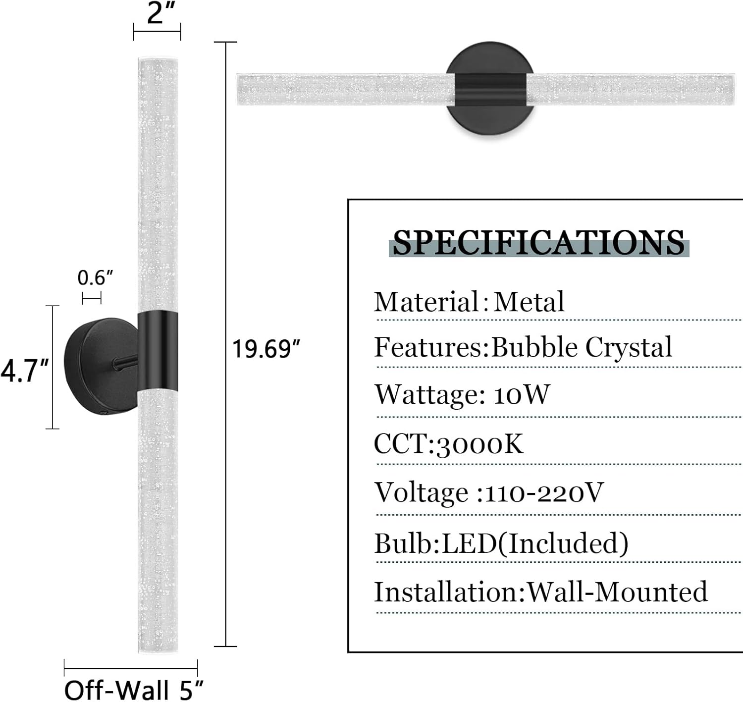 Juego de dos apliques de pared negros modernos LED para comedor, iluminación de pared de 30 W, 3000 K, luces de pared LED de cristal con cable para