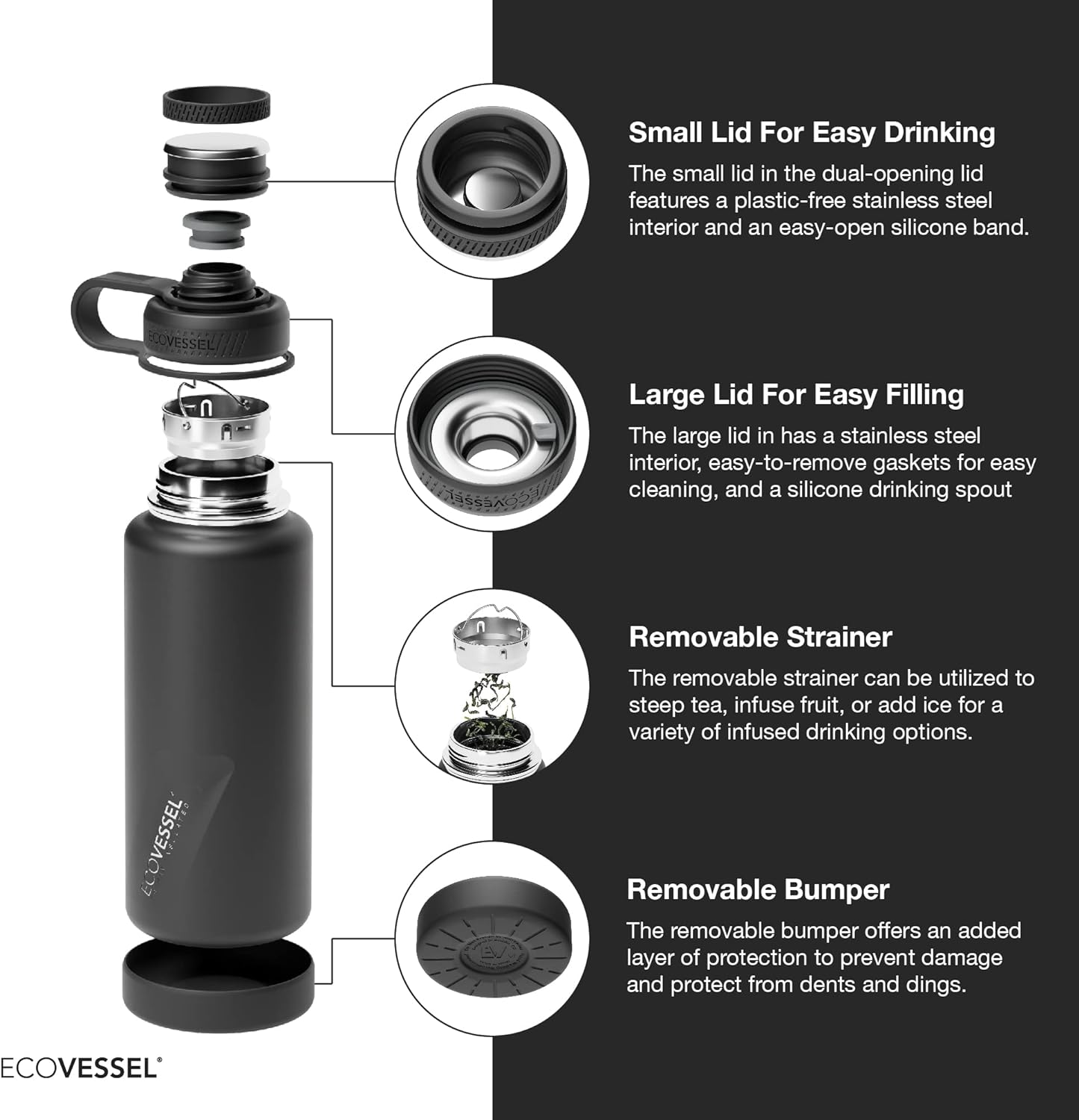 EcoVessel Botella de agua de acero inoxidable con tapa doble aislada, botella de agua aislada con colador y parachoques de botella de silicona, taza