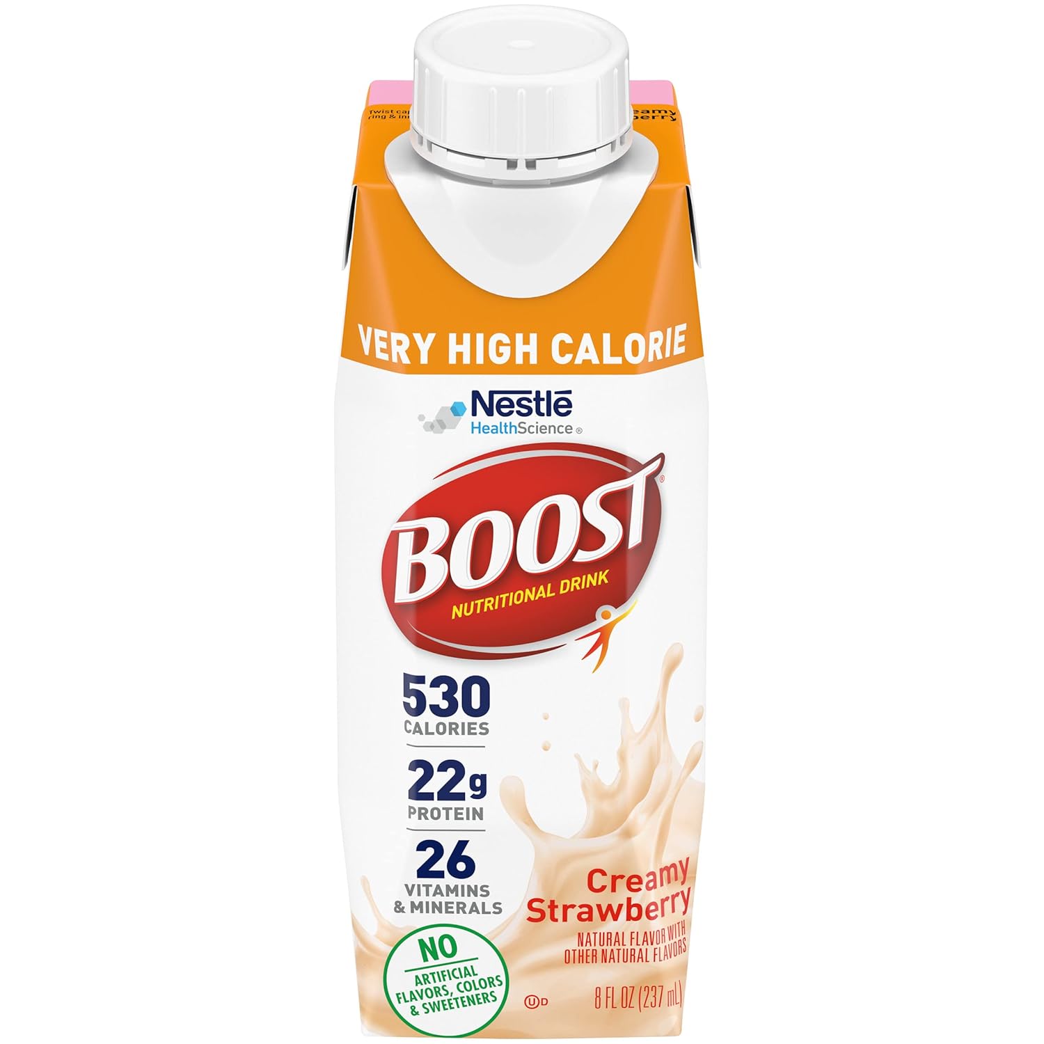 Boost Bebida nutricional muy alta en calorías, sin colorantes artificiales ni edulcorantes (fresa, 8 onzas líquidas (paquete de 54))