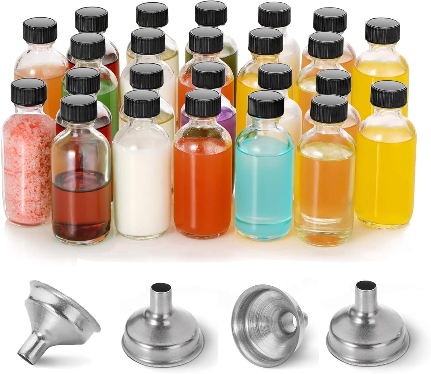 DIDITIME Paquete de 24 botellas pequeñas de vidrio transparente de 2 onzas con tapas y 4 embudos, botellas redondas Boston de muestra de 2.1 fl oz