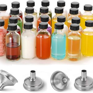 DIDITIME Paquete de 24 botellas pequeñas de vidrio transparente de 2 onzas con tapas y 4 embudos, botellas redondas Boston de muestra de 2.1 fl oz DIDITIME Paquete de 24 botellas pequeñas de vidrio transparente de 2 onzas con tapas y 4 embudos, botellas redondas Boston de muestra de 2.1 fl oz