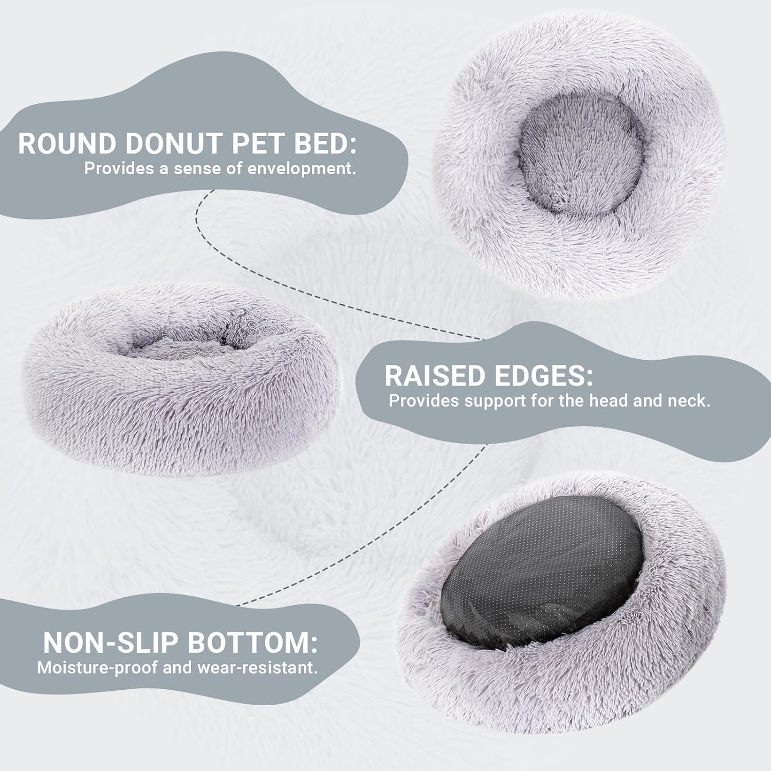 SPUNKYJUNKY Cama para perros de felpa calmante redonda en forma de dona, lavable y mullida, cómoda, antiansiedad, para gatos, perros pequeños,