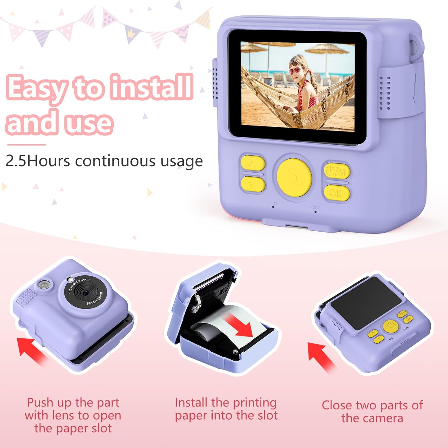 Cámara de impresión instantánea para niños, regalos de cumpleaños de Navidad para niñas de 3 a 12 años, cámaras de video digitales HD 1080P para