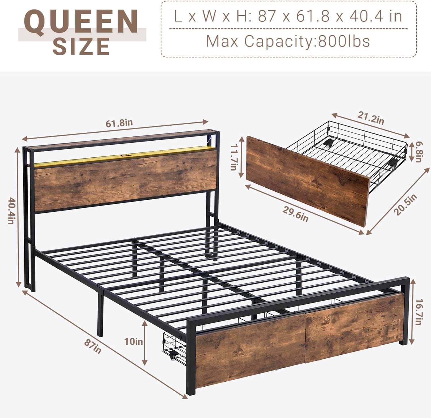 Zevemomo Base de cama LED Queen con 2 cajones, marco de cama de plataforma Queen con luces LED y estación de carga, 3 puertos USB y 1 puerto tipo C,
