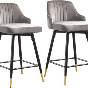 Juego de 2 taburetes de bar giratorios de altura de mostrador con respaldo bajo y cómodas sillas de bar, sillas de bar de terciopelo, patas de metal Juego de 2 taburetes de bar giratorios de altura de mostrador con respaldo bajo y cómodas sillas de bar, sillas de bar de terciopelo, patas de metal