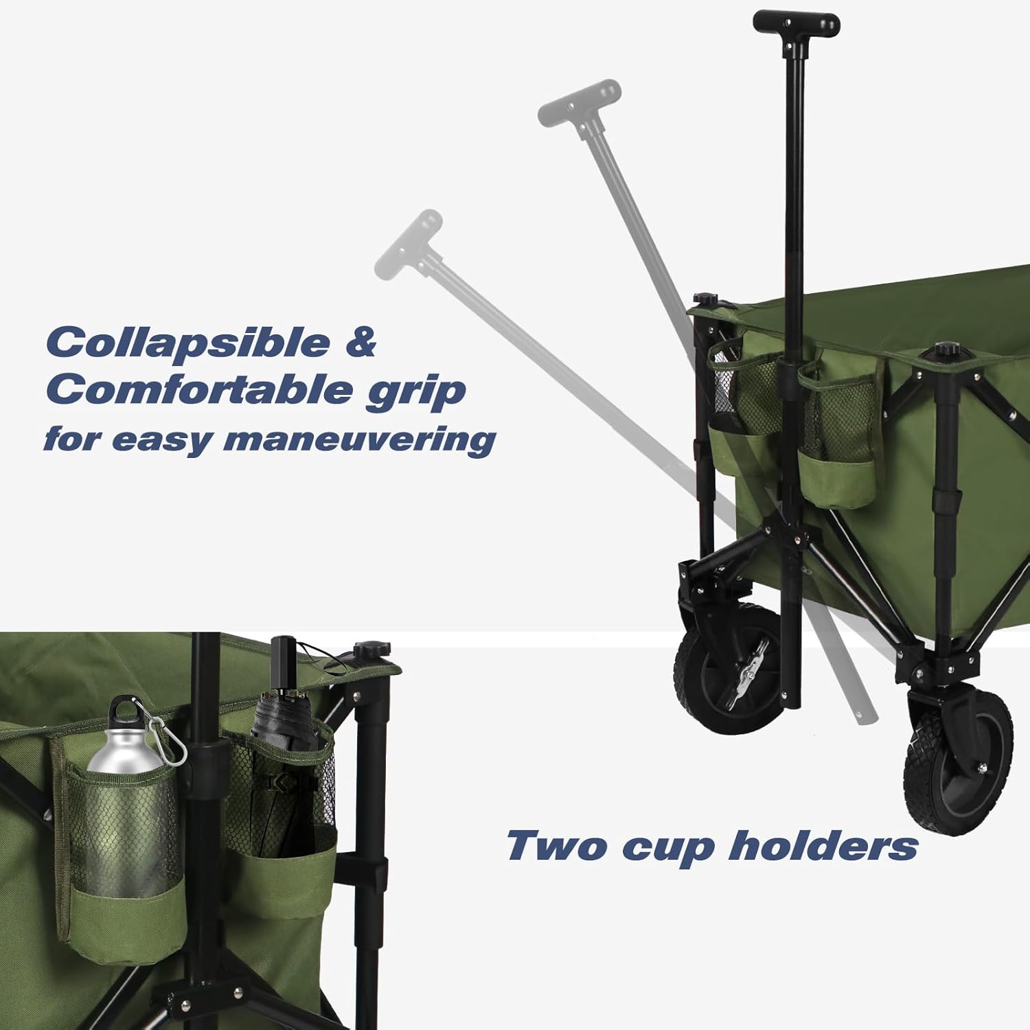 Chihee Carro plegable de playa, carrito de jardín resistente con 2 portavasos, carrito de campamento para ruedas cardán con sistema de frenado, tela
