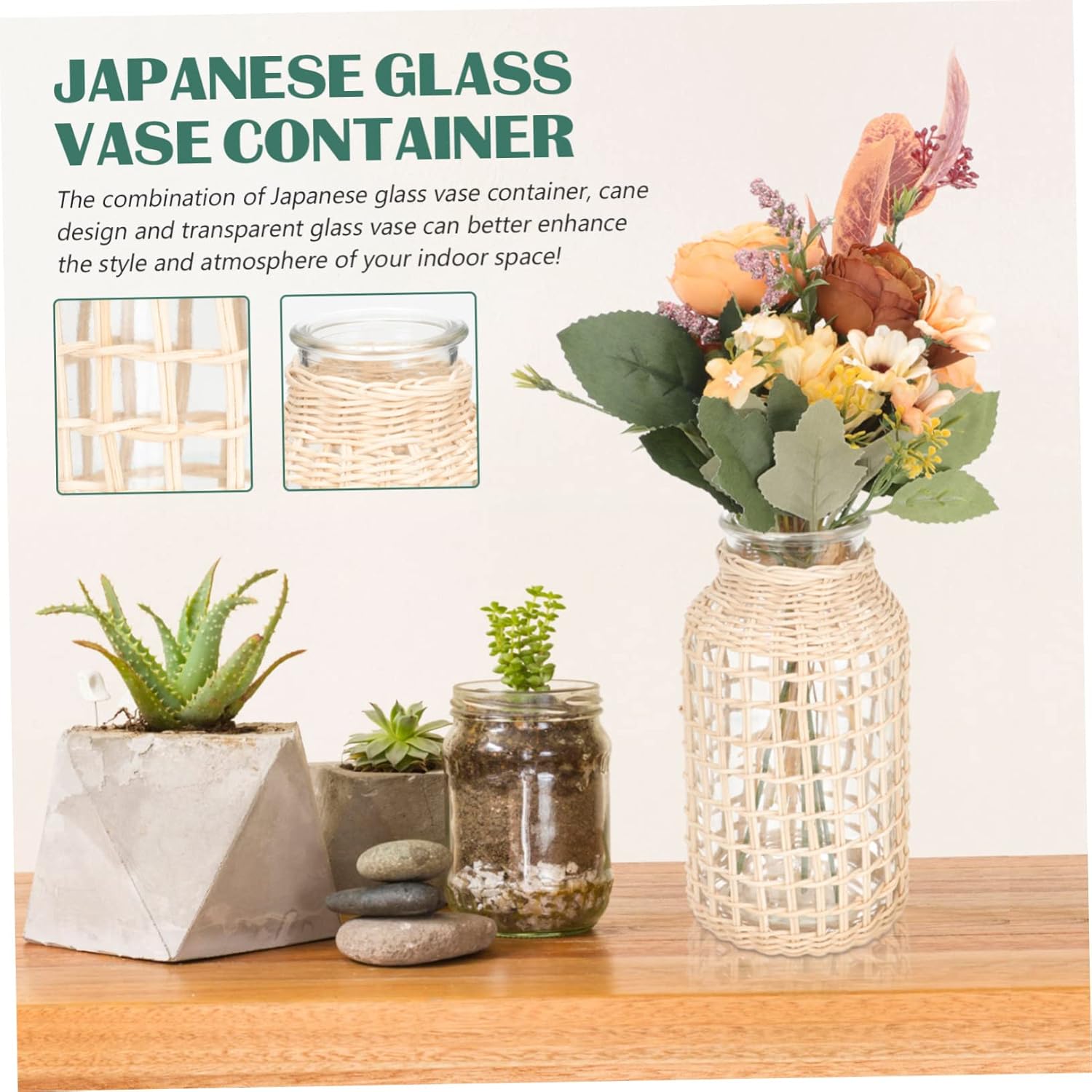 IMIKEYA 2pcs Rattan Glass Vase Woven Planter Basket Rattan Planter Rattan Flower Pots Glass Floral Vase Clay Vase Seagrass Plant Basket Glass Vase
