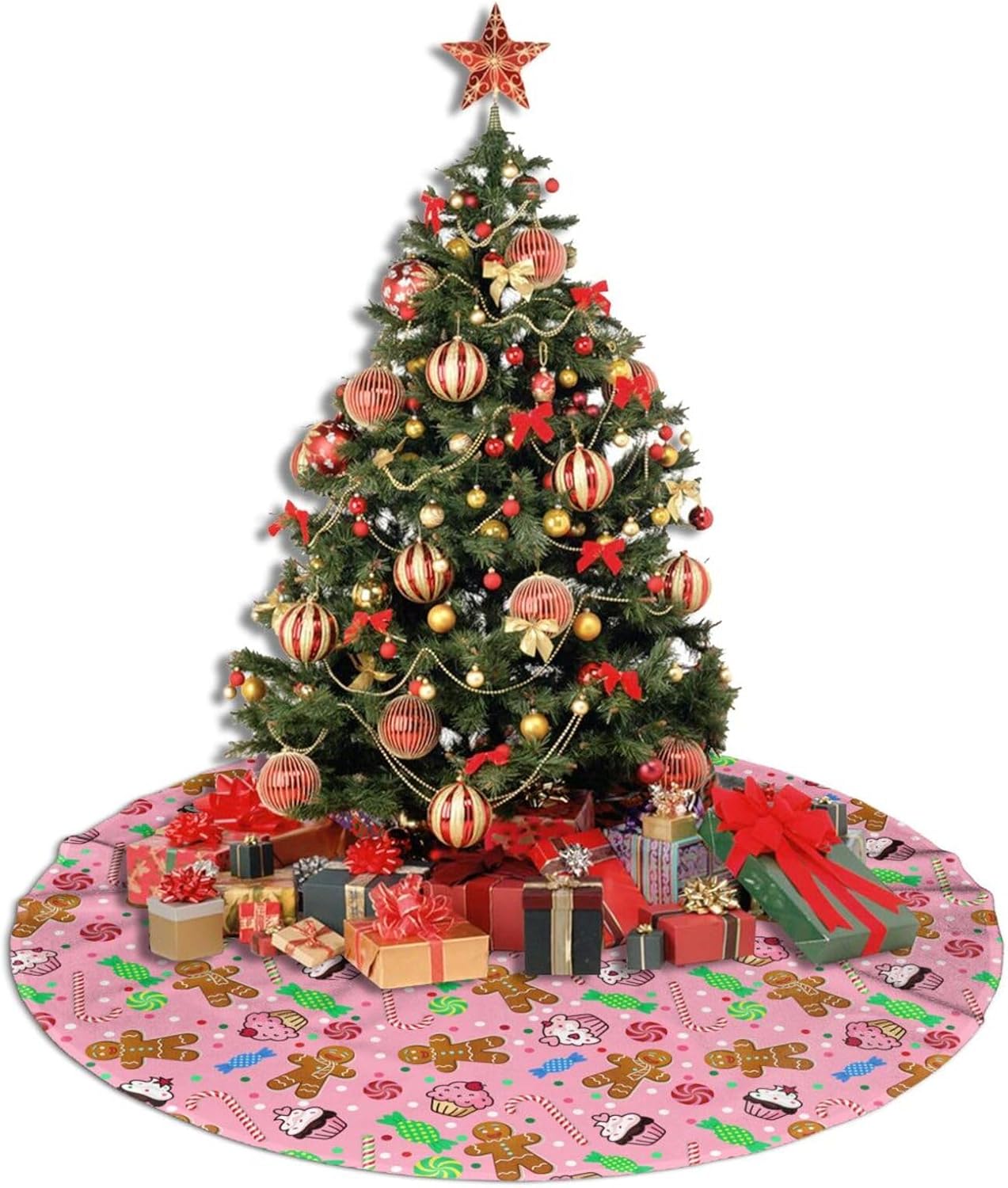 Linda falda de árbol de Navidad de caramelo de jengibre de 30 pulgadas, faldas de árbol de Papá Noel rosa, decoración de árbol de Navidad