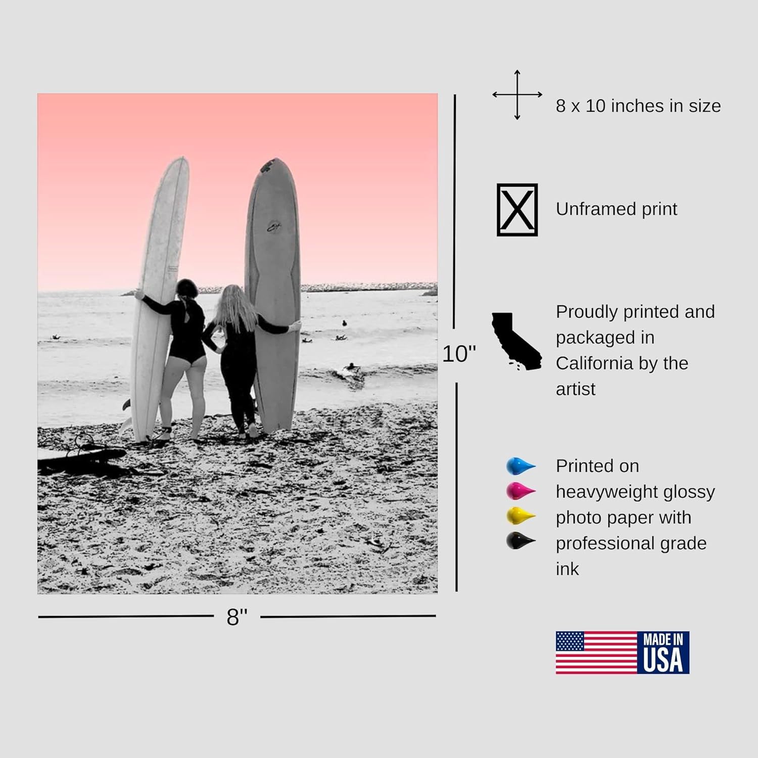 Póster Surfer Besties en blanco y negro, decoración de surf, arte de pared costero de California, regalo para surfistas, decoración de casa de