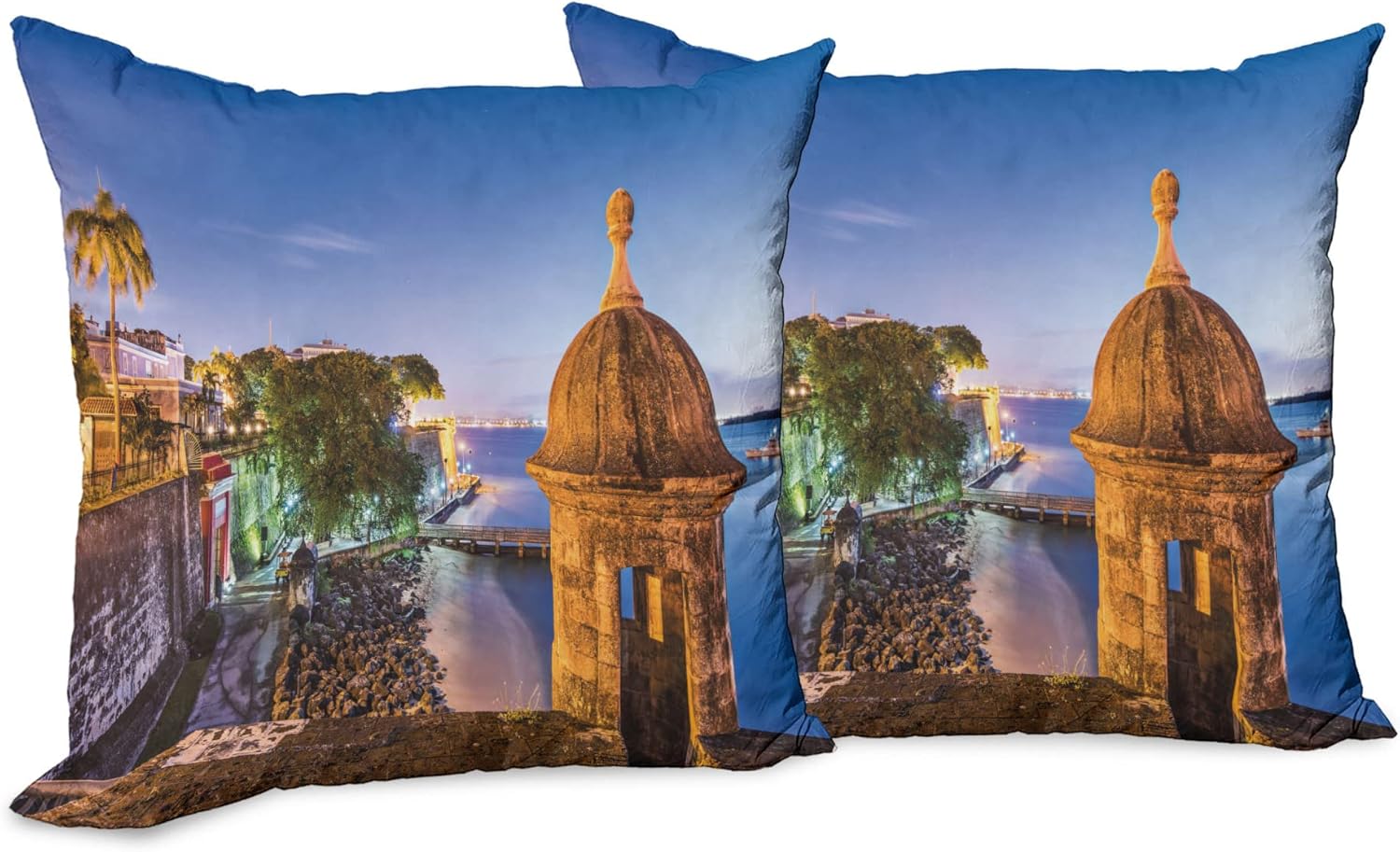 Lunarable Puerto Rico – Juego de 2 fundas de cojín para fotografía, estilo retro con elementos arquitectónicos, decoración de impresión digital de