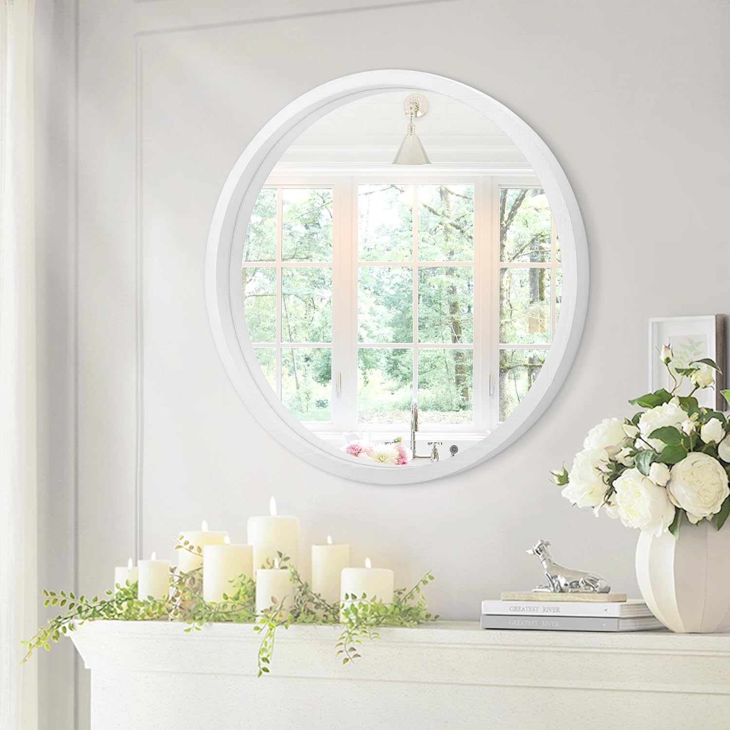 Espejo de pared circular de 20 pulgadas para decoración del hogar, espejo redondo blanco para baño, espejo de marco de madera montado en la pared