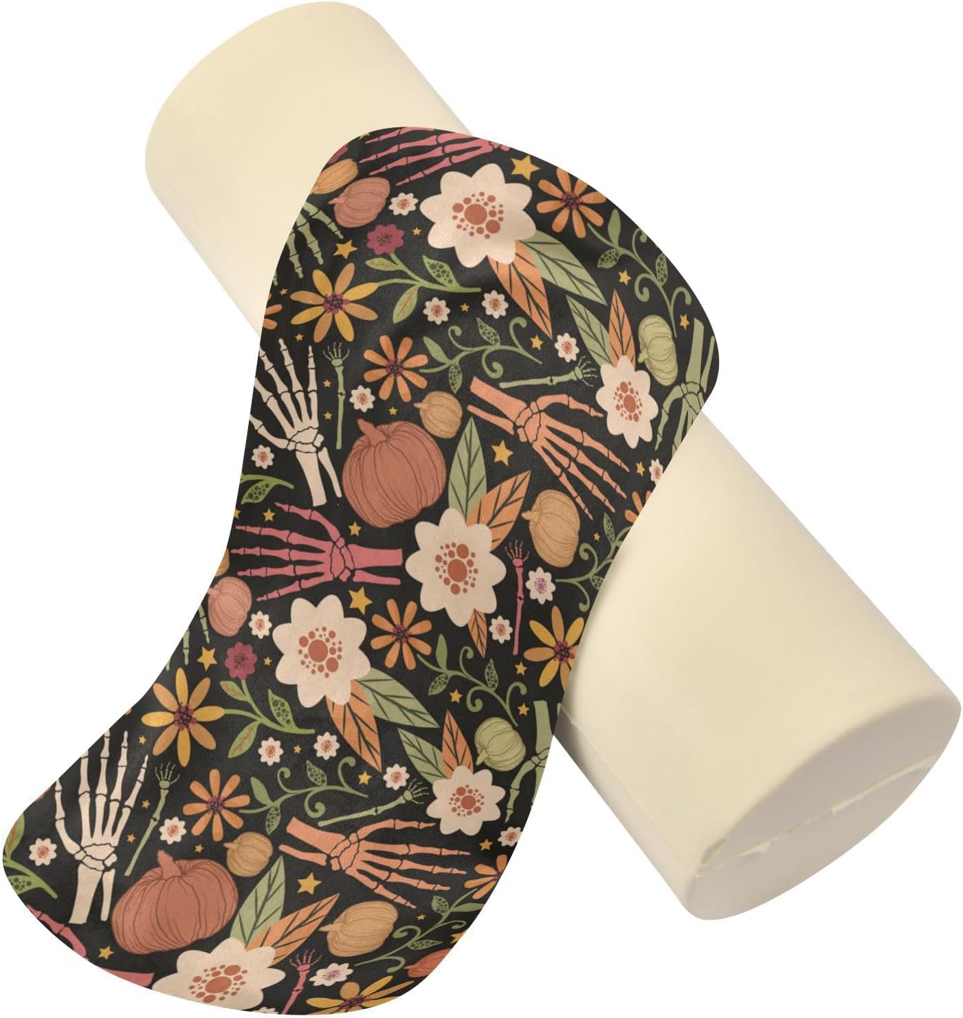Almohada de almohada floral de huesos de Halloween para piernas, almohada de espuma para el cuello, almohada redonda, almohadas cilíndricas, soporte