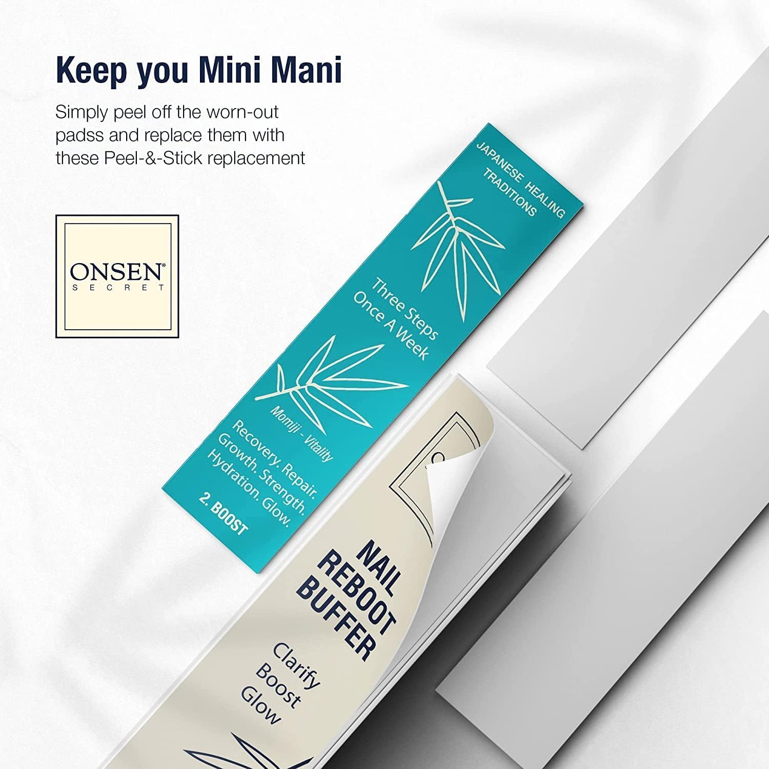 Onsen Secret Almohadillas de repuesto para bloque de uñas, bloque de pulido de 3 vías, almohadillas naturales para pulir uñas con 3 lados gruesos,