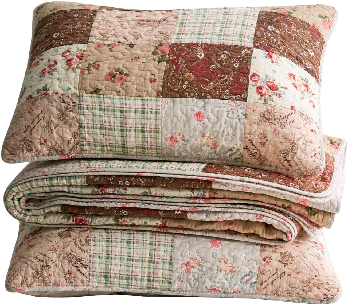 Chezmoi Collection Cynthia – Juego de edredón elegante de 3 piezas, colcha floral a cuadros, colcha reversible ligera de algodón prelavado, tamaño