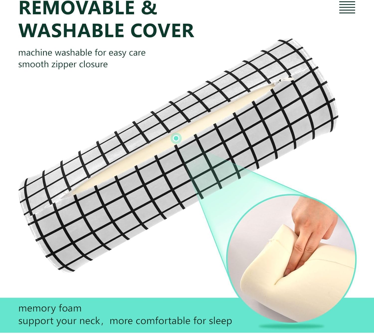 Jihqo Almohada redonda con funda a cuadros en blanco y negro para el cuello, almohada cervical, soporte de cuello de espuma viscoelástica para dormir