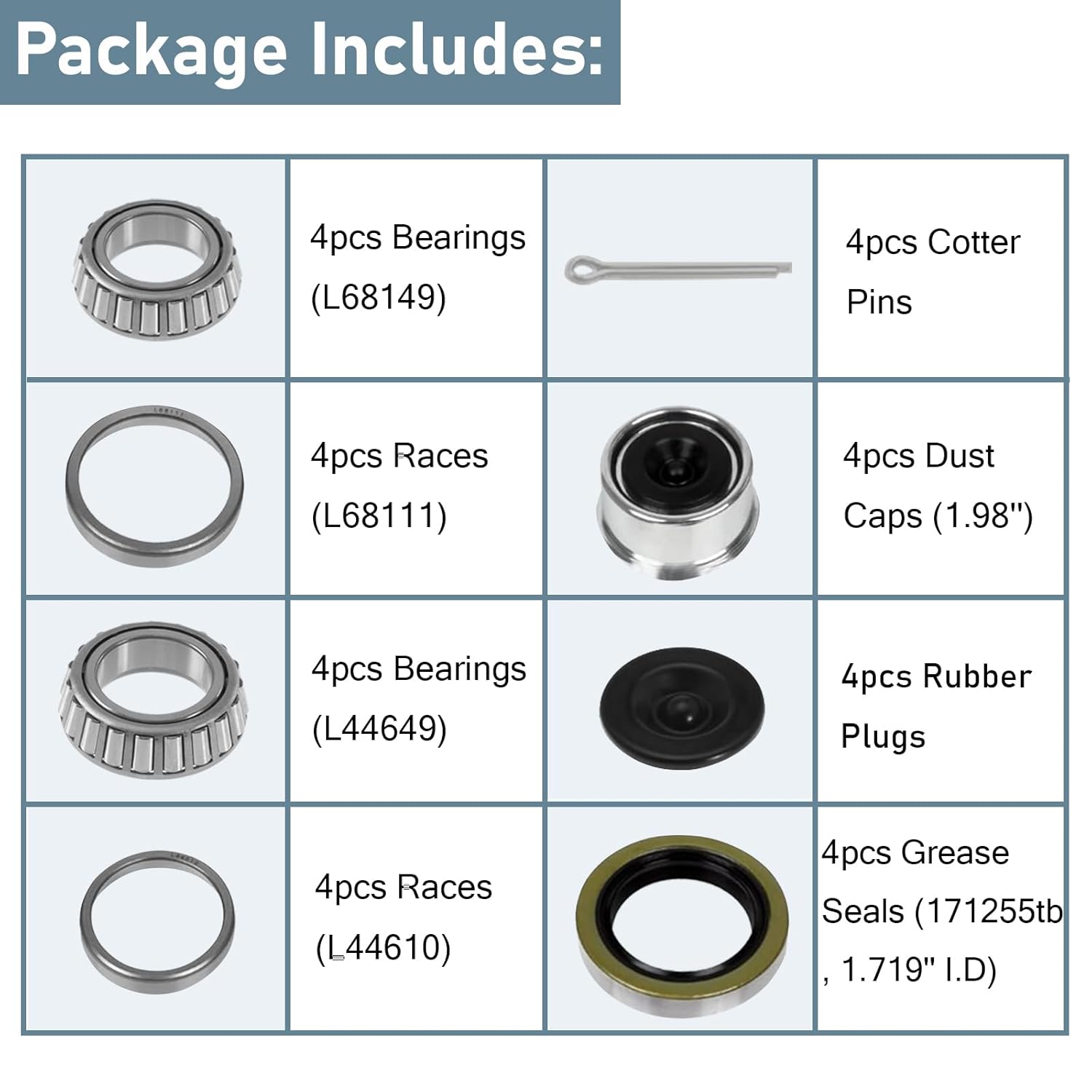 4 Sets 3500 LB Boat Trailer Axle Bearing Kits – Endxedo L68149 L44649 Bearing Kits with 171255TB Grease Seals, 1.98” Trailer Dust Caps, Cotter