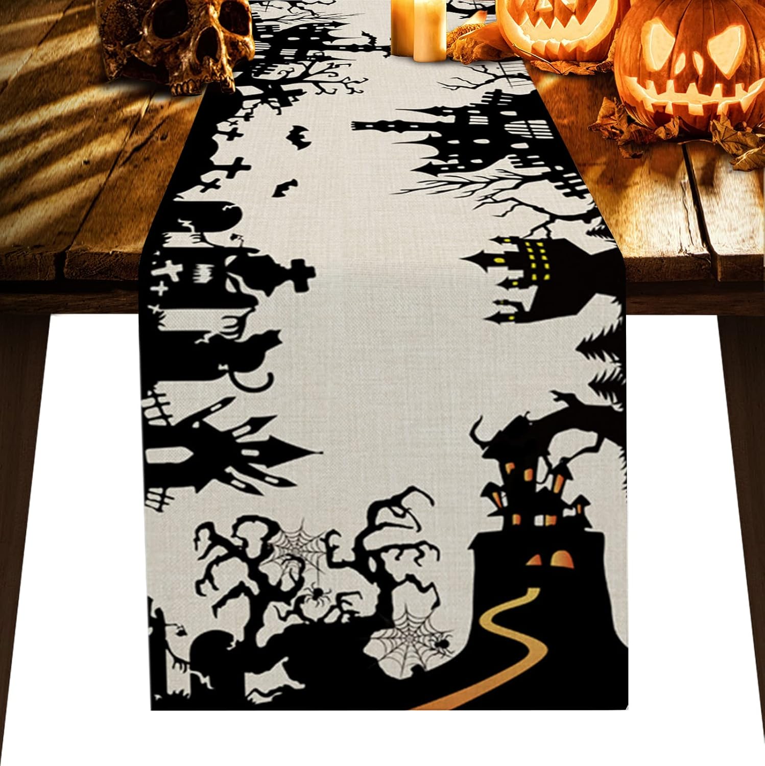 Camino de mesa de Halloween, bufandas de tocador de 13 x 48 pulgadas, camino de mesa de castillo embrujado aterrador, mesa de lino negro, decoración