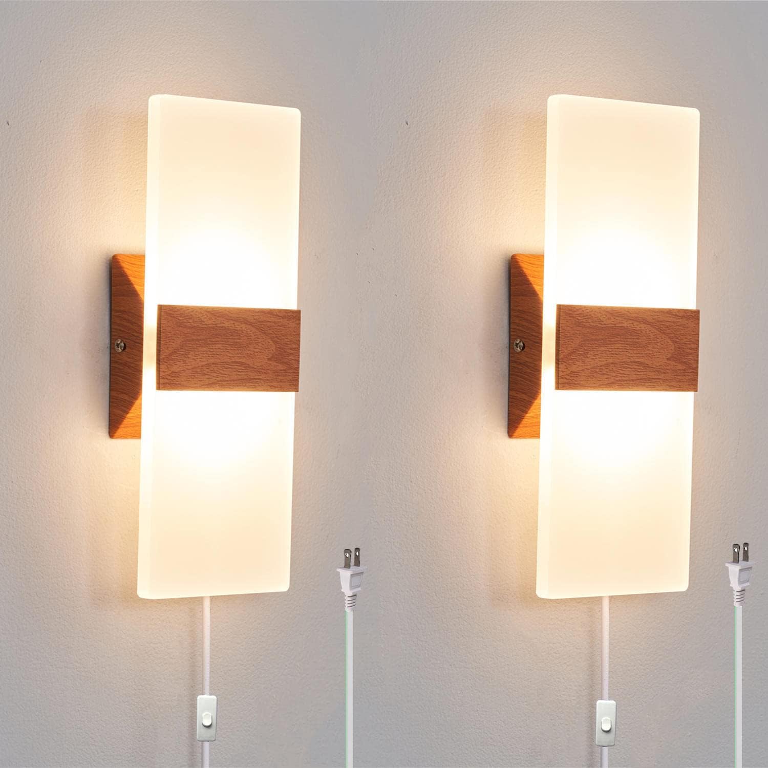 AUSLEUCH Paquete de 2 apliques de pared enchufables, lámpara de pared LED moderna para interiores, lámpara de pared cableada de 12 W para