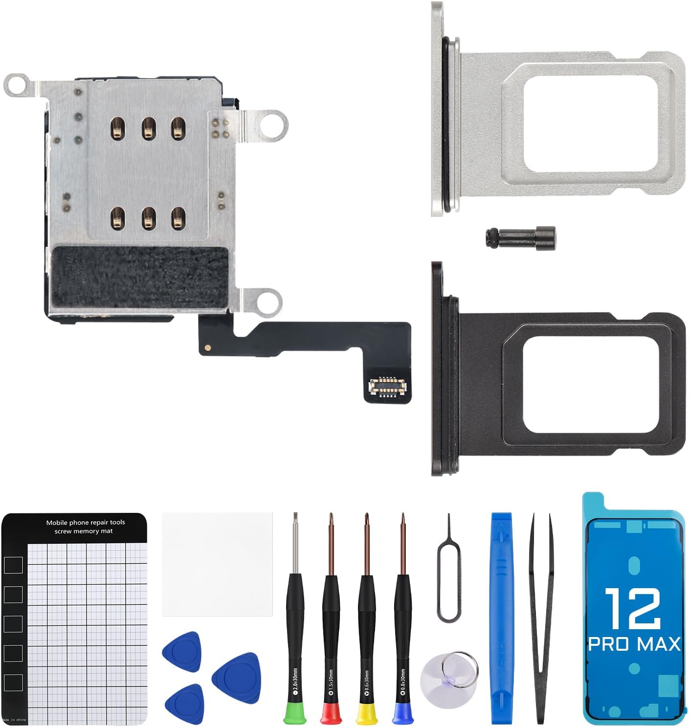 Para iPhone 12 PRO MAX Dual SIM lector de tarjetas Flex Cable con Negro y Plata SIM Doble Ranura Bandeja Soporte Adaptador Reemplazo 12PROMAX Sim