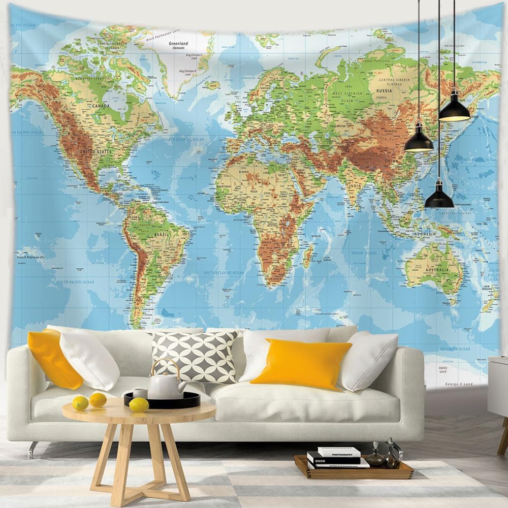 Tapiz del mundo del mapa, tapiz educativo para colgar en la pared para sala de estar, dormitorio, oficina y aula, póster decorativo de pared, 60 x