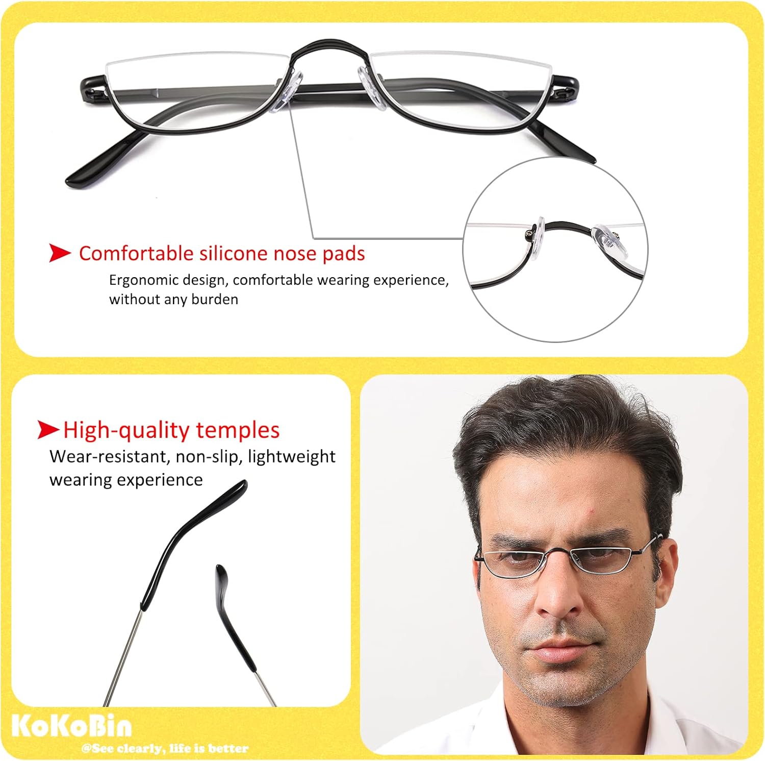 KoKoBin Lentes de lectura de media lectura 2 pares de anteojos de marco de metal de medio borde, lectores de bisagra de resorte para hombres y
