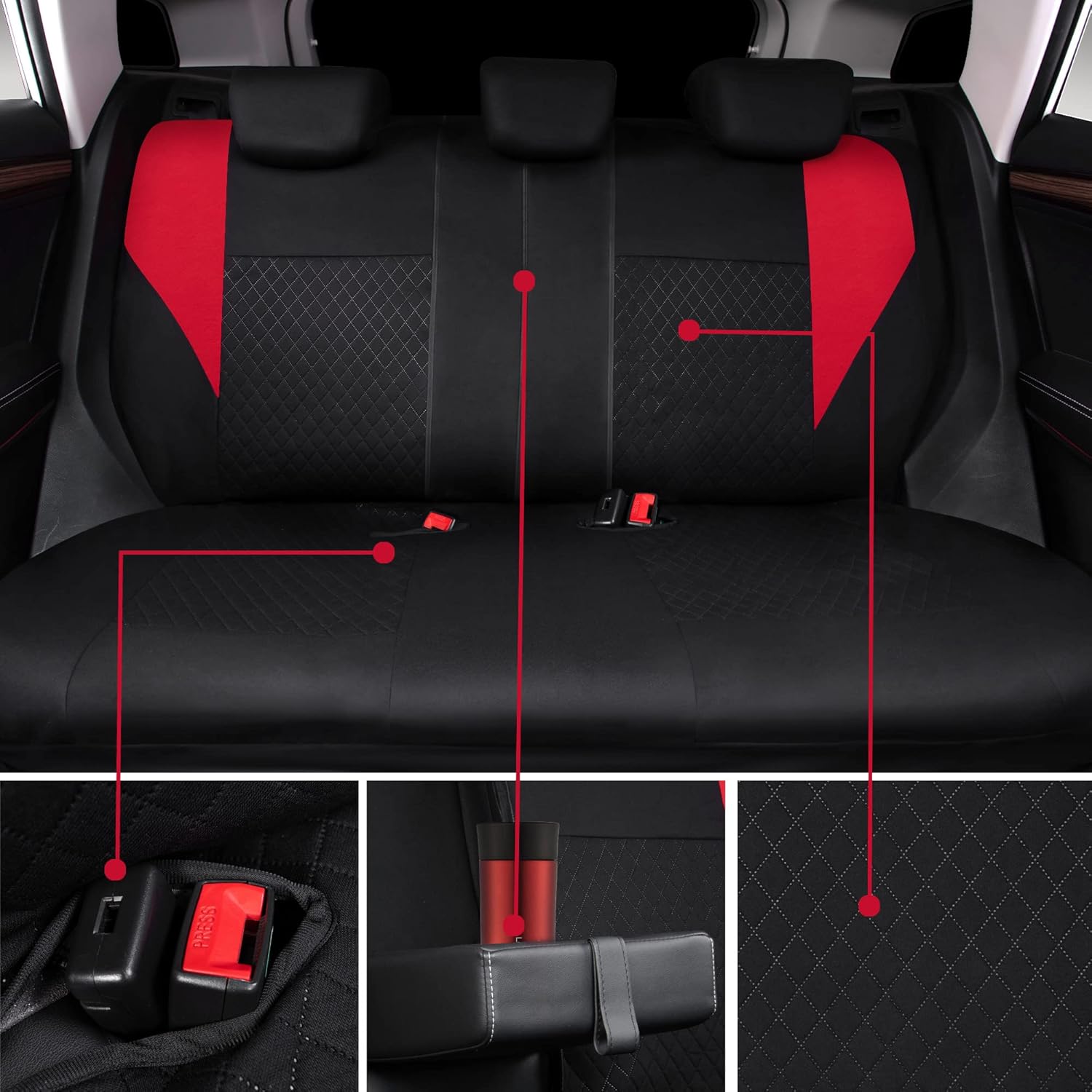 CAR PASS Juego completo de fundas de asiento de tela de estampado ultrasónico universal, color rojo, transpirable, con esponja compuesta de 0.197 in