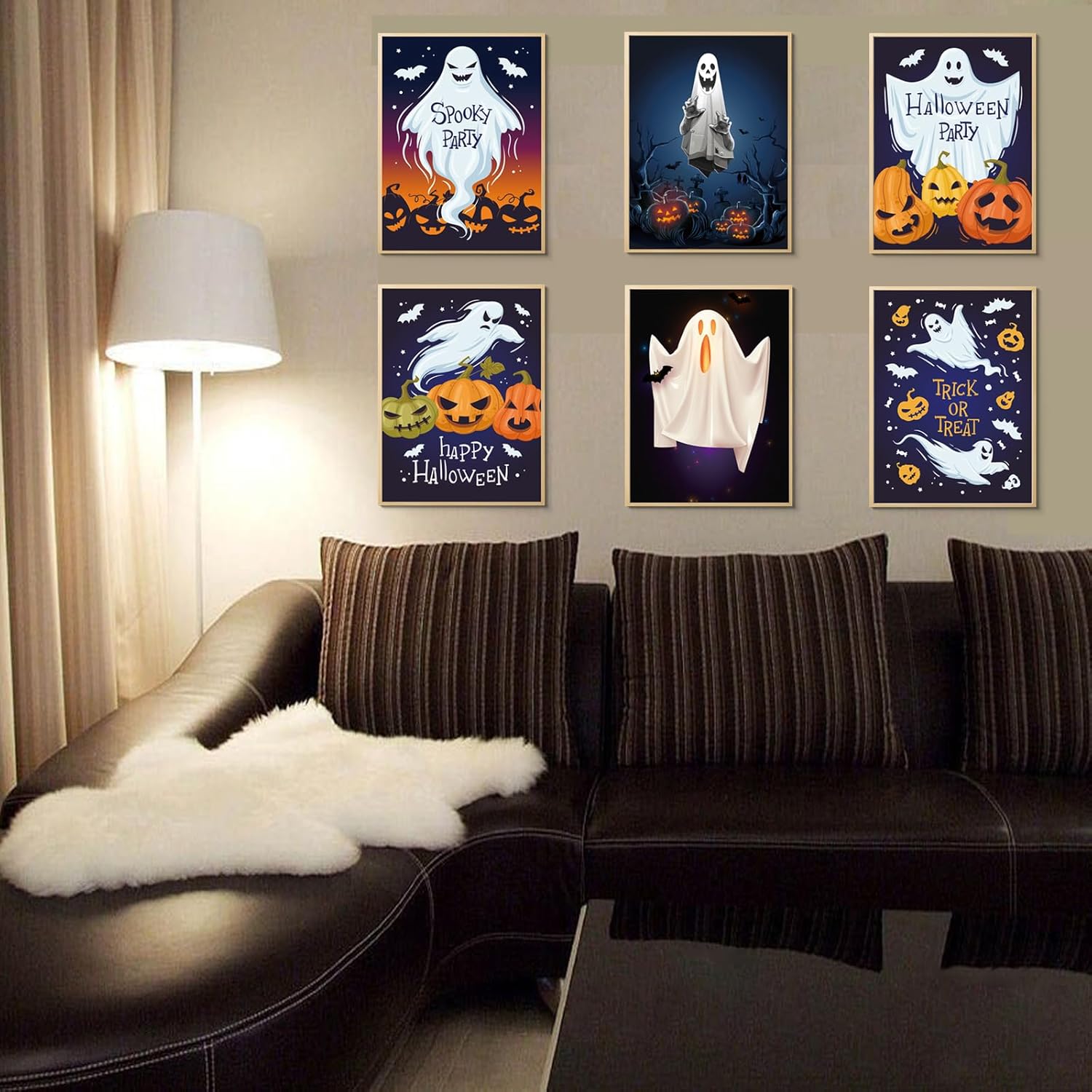 CEKEIOLMLW Póster de fantasma, arte de pared de Halloween, divertido y espeluznante estampado de calabaza iluminada, decoración de pared de