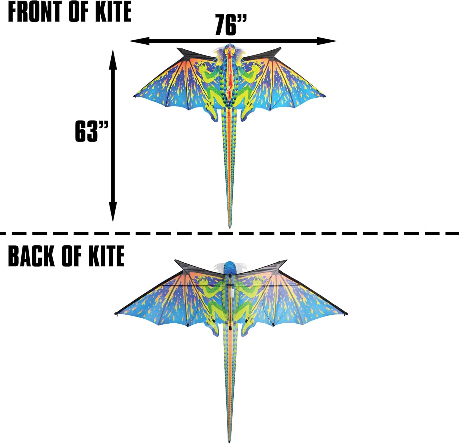 WindNSun Dragón azul de gran tamaño con cabeza 3D Ripstop Nylon Dragon Kite, 76 pulgadas de ancho