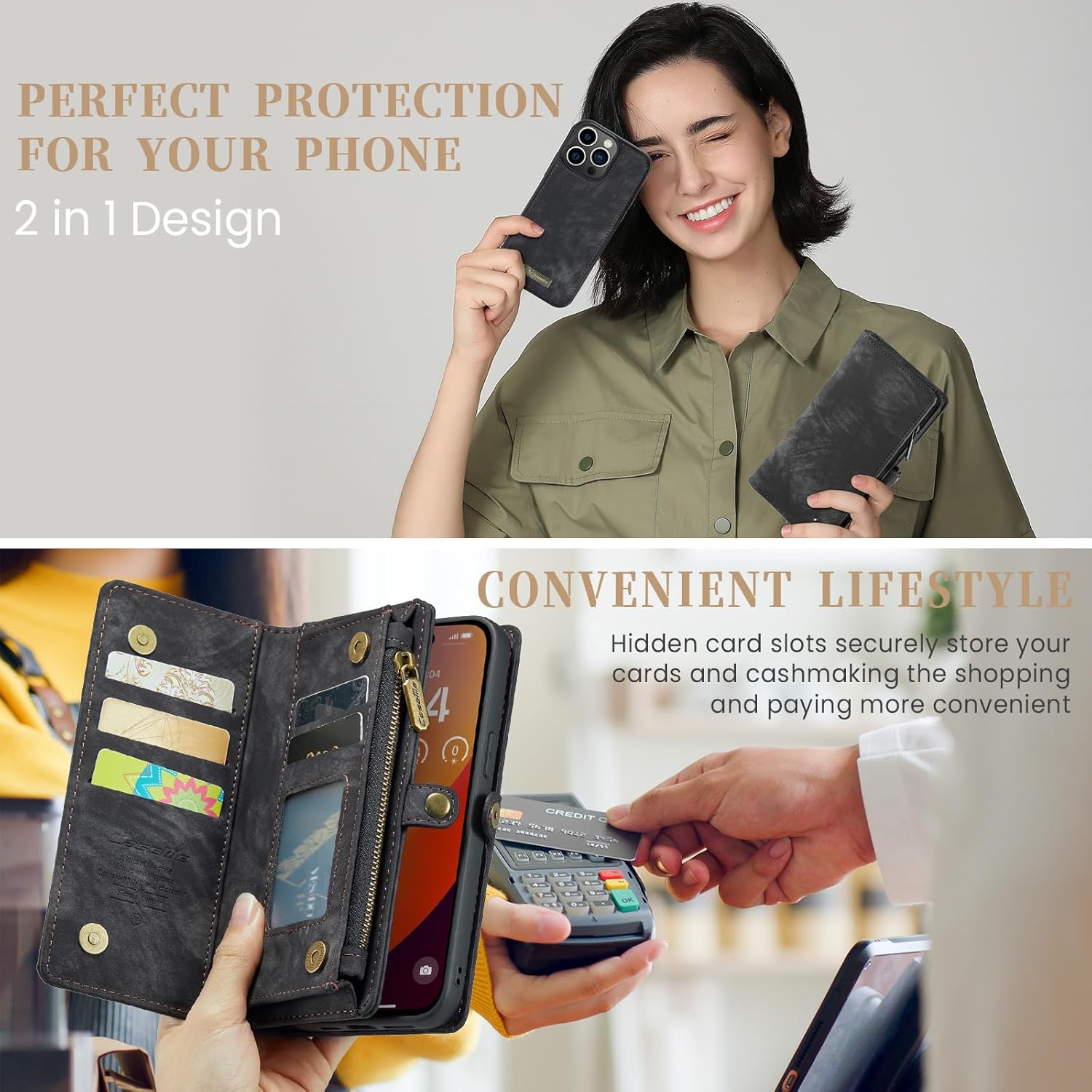 Kowauri Funda tipo cartera para iPhone 15 Pro Max, cartera de piel con cremallera, cartera de piel con tarjetero y correa para la muñeca,
