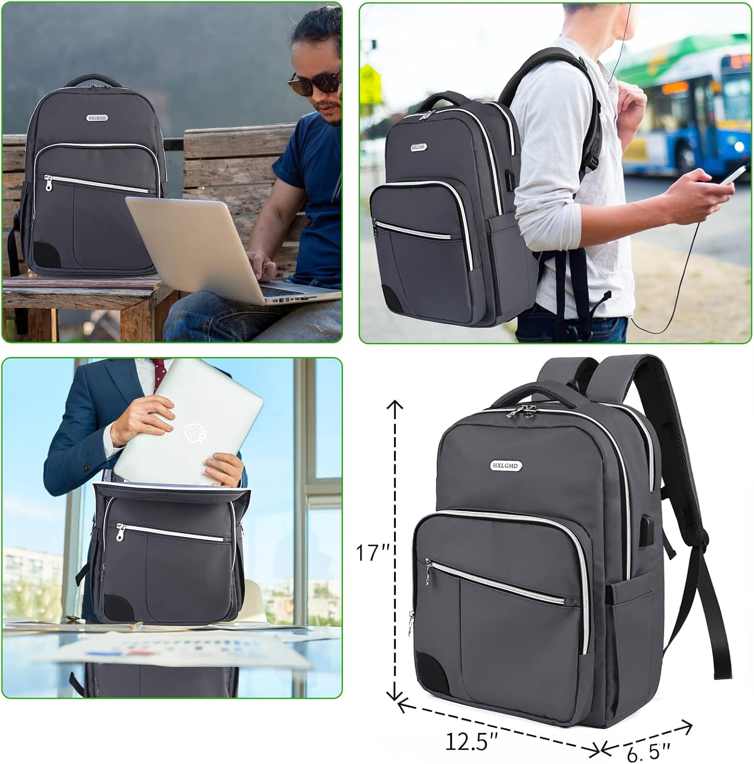 Mochila para laptop de negocios para hombres y mujeres con puerto de carga USB, duradera mochila universitaria para computadora, Gris, Mochilas de
