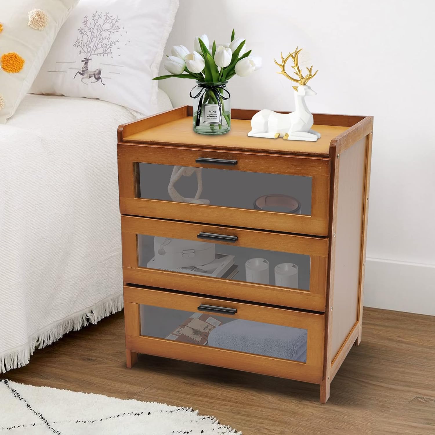 TFCFL Mesita de noche moderna, mesa auxiliar bohemia con 3 cajones, mesita de noche decorativa de mediados de siglo, mesa auxiliar para sofá de pie