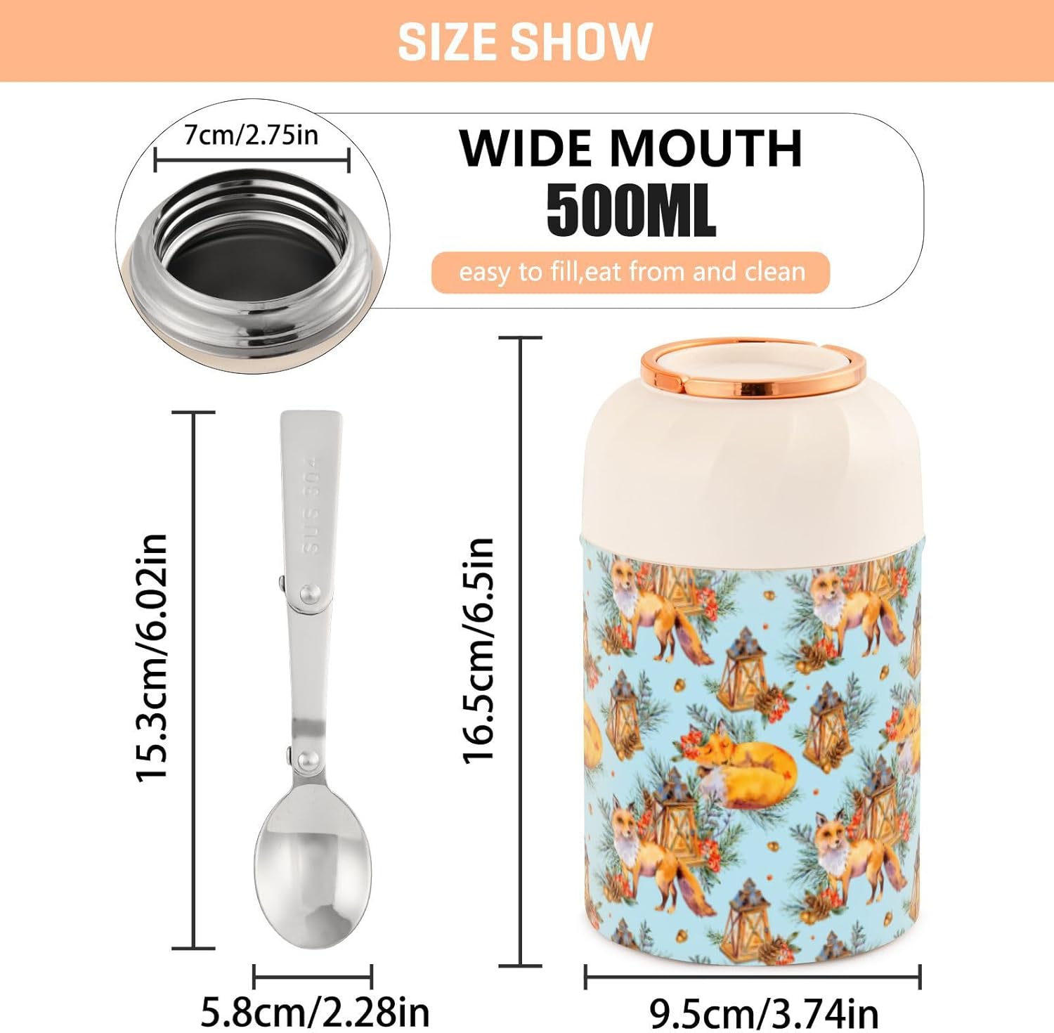 Watercolor Woodland Fox – Recipiente aislado para alimentos con cuchara de 17 onzas  16.9 fl oz, de acero inoxidable, a prueba de fugas, almuerzo