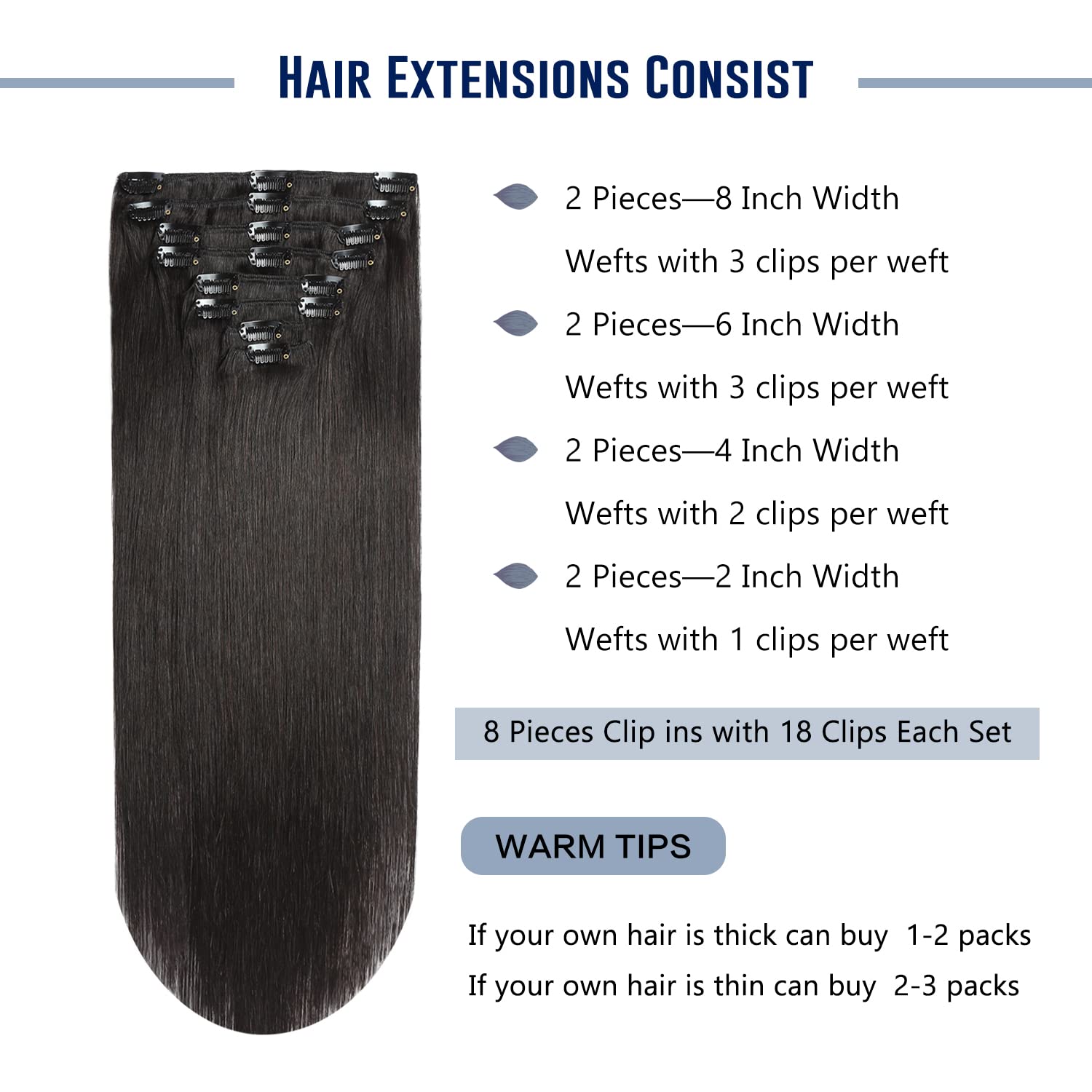 Sunya Extensiones de cabello humano real con broches, color negro natural, extensiones de cabello humano lacio de doble trama, 18 pulgadas, #1B, 8