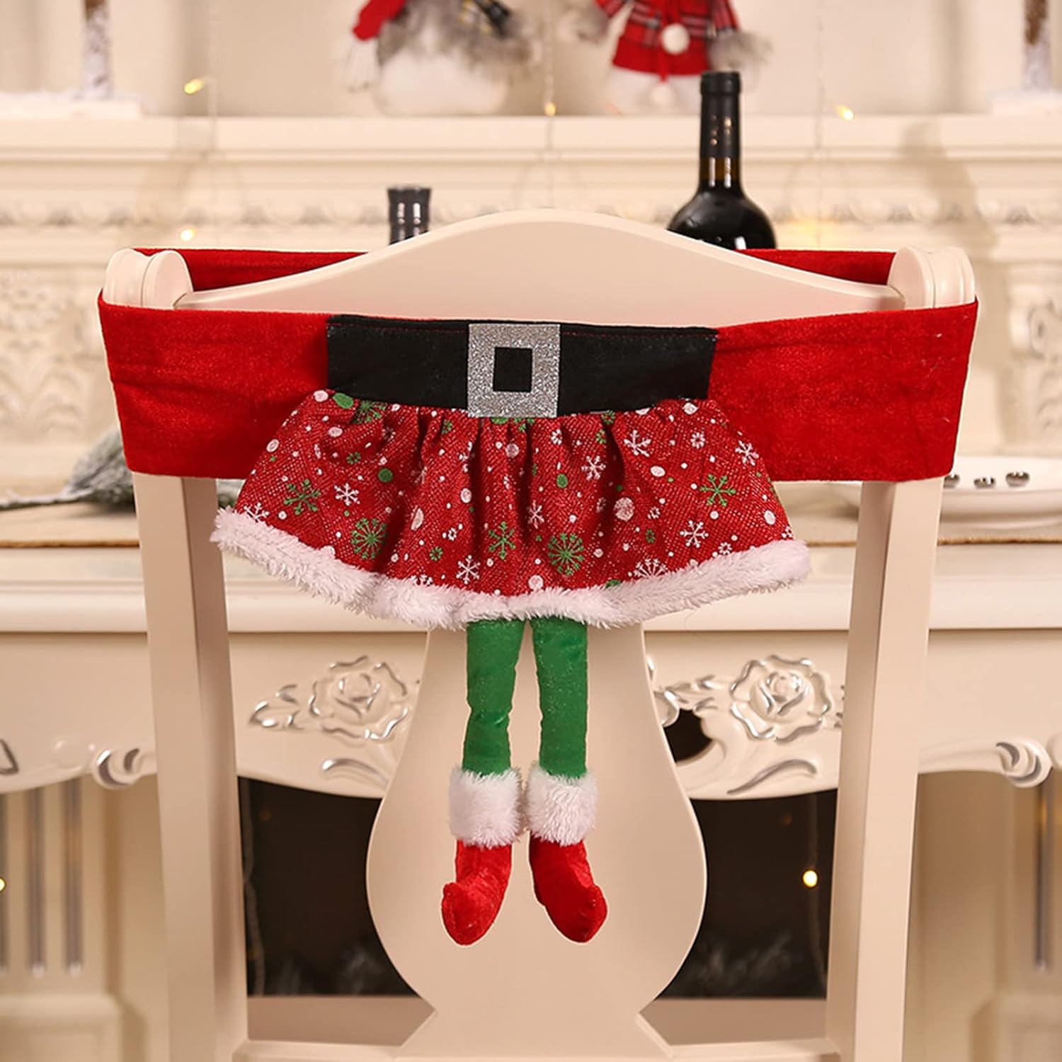 WYSRJ 4 piezas de cubierta trasera de silla de Navidad Santa Claus elfo fundas fundas de mesa de comedor de Navidad para el hogar, suministros de