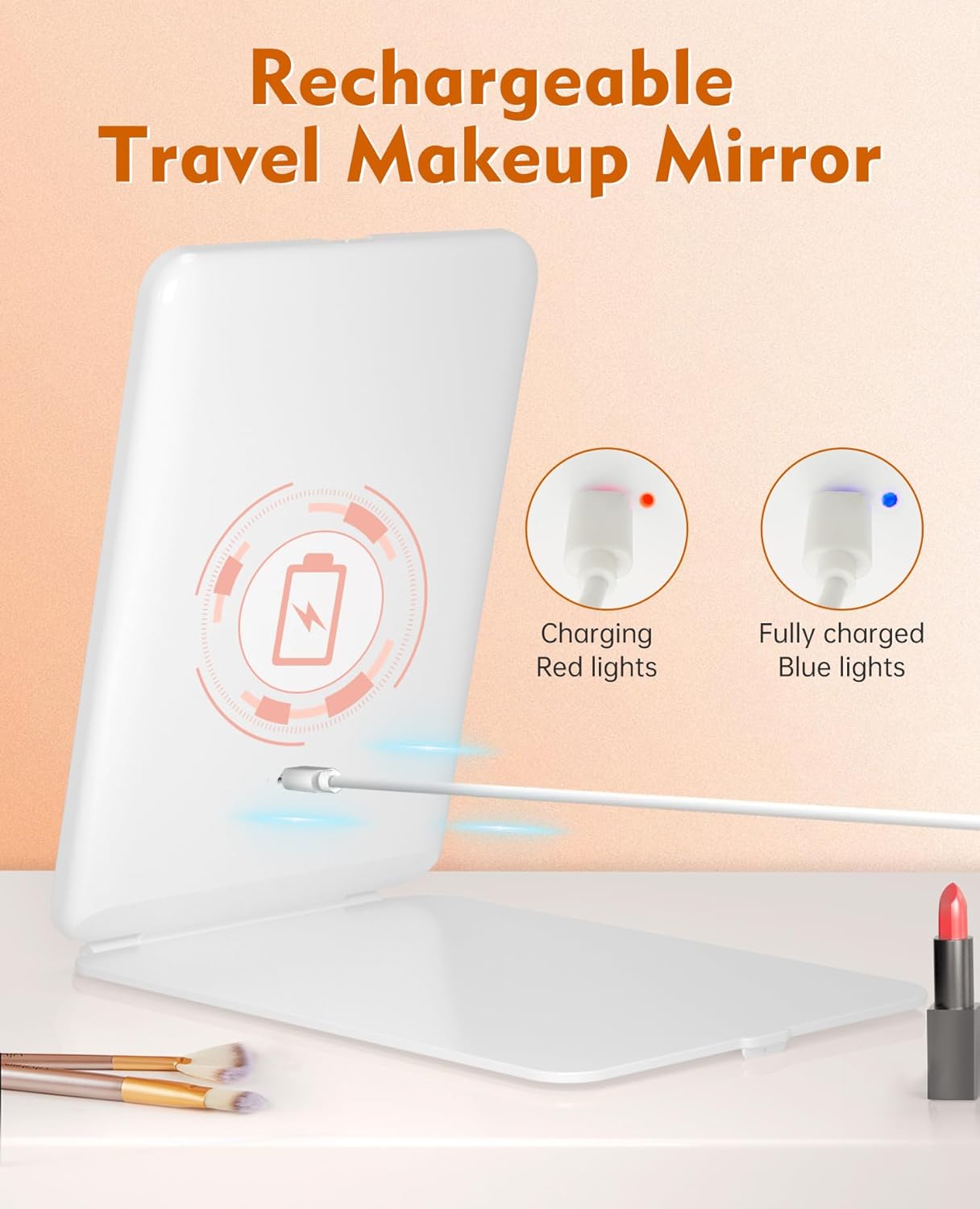 FUNTOUCH Espejo de maquillaje de viaje recargable con luces y espejo de aumento de 10X, espejo de tocador iluminado portátil con 80 LED, batería de