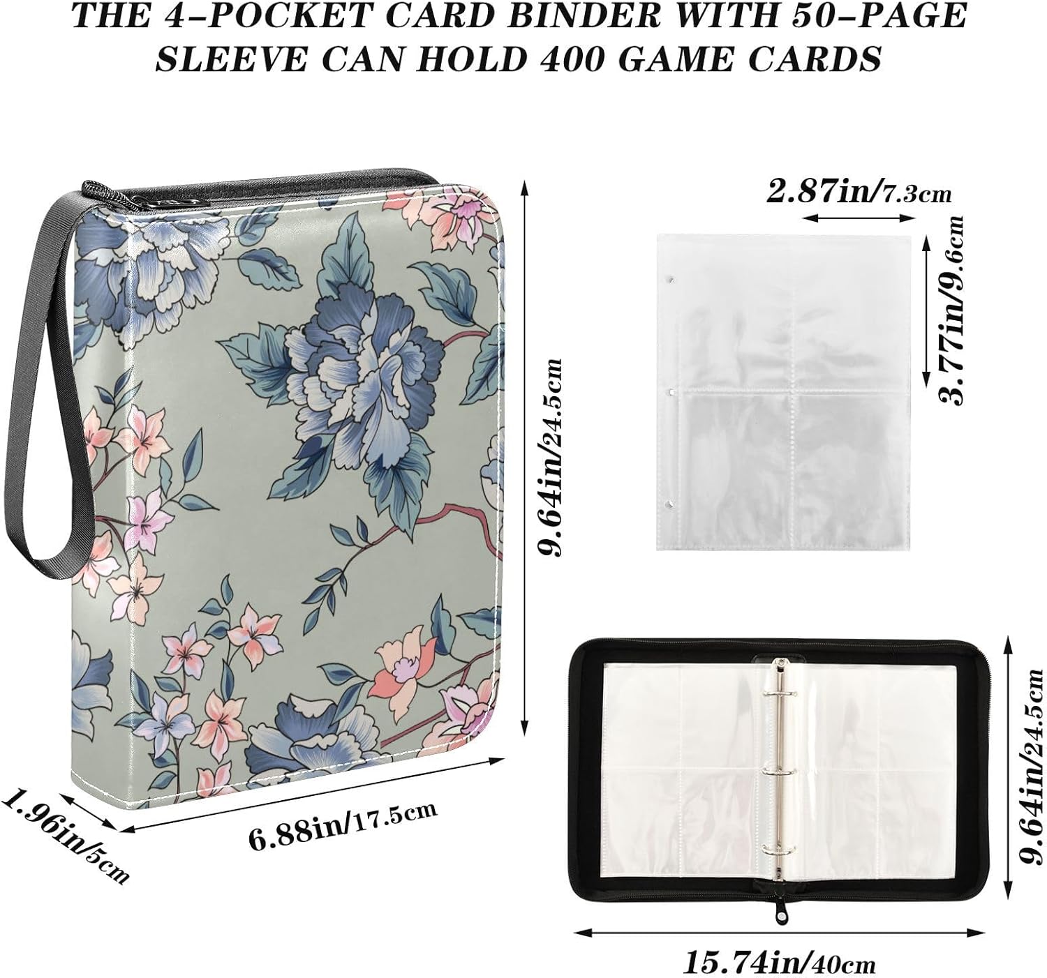 Flowers Trading Card Binder 4-Pocket Card Holder with 50 Removable Sleeves 3-Ring Card Albums Binder Holds Up to 400 Cards Card Organizer Folders