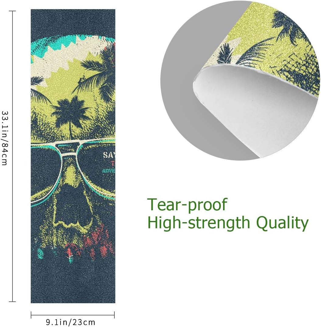 Cinta de agarre para patineta, diseño de palmeras y calaveras aterradoras, cinta de agarre impermeable, cinta adhesiva de papel de lija para