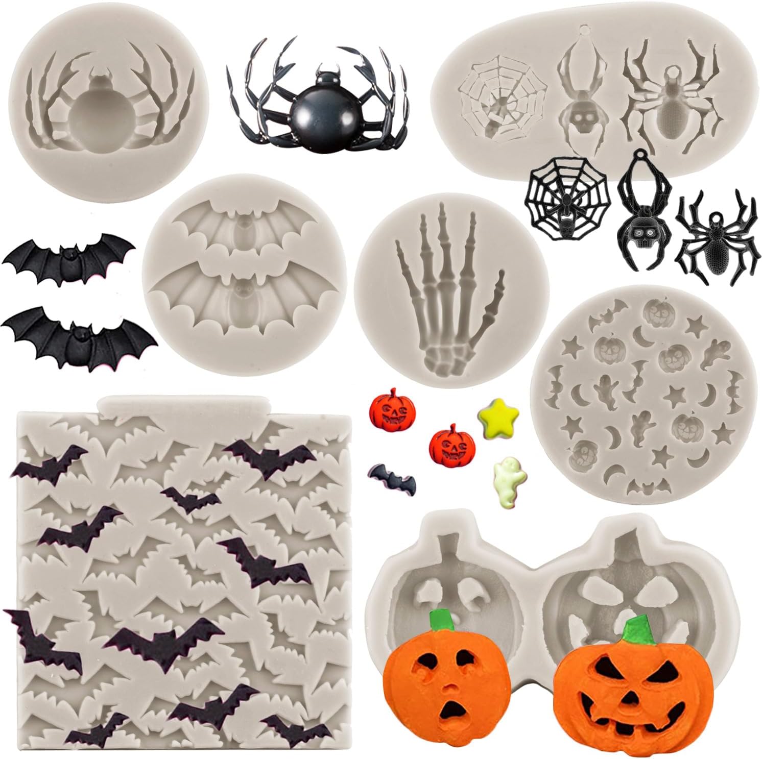 Moldes para fondant de Halloween, molde de silicona para calabaza, hueso de mano, murciélago, fantasma, araña, chocolate para fiesta de Halloween,