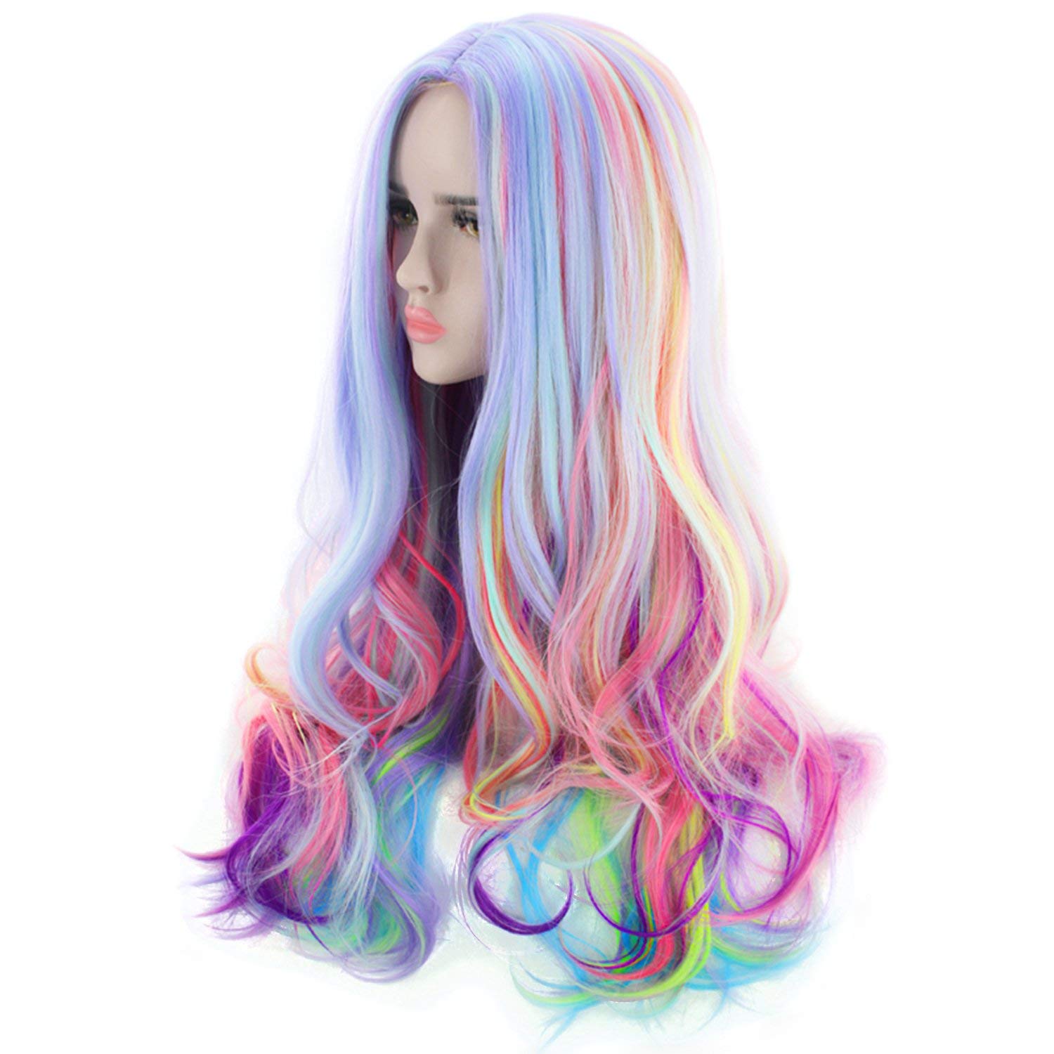 PATTNIUM Peluca larga ondulada colorida de 27 pulgadas para mujeres y niñas, peluca de arco iris pastel, resistente al calor, peluca de cabello