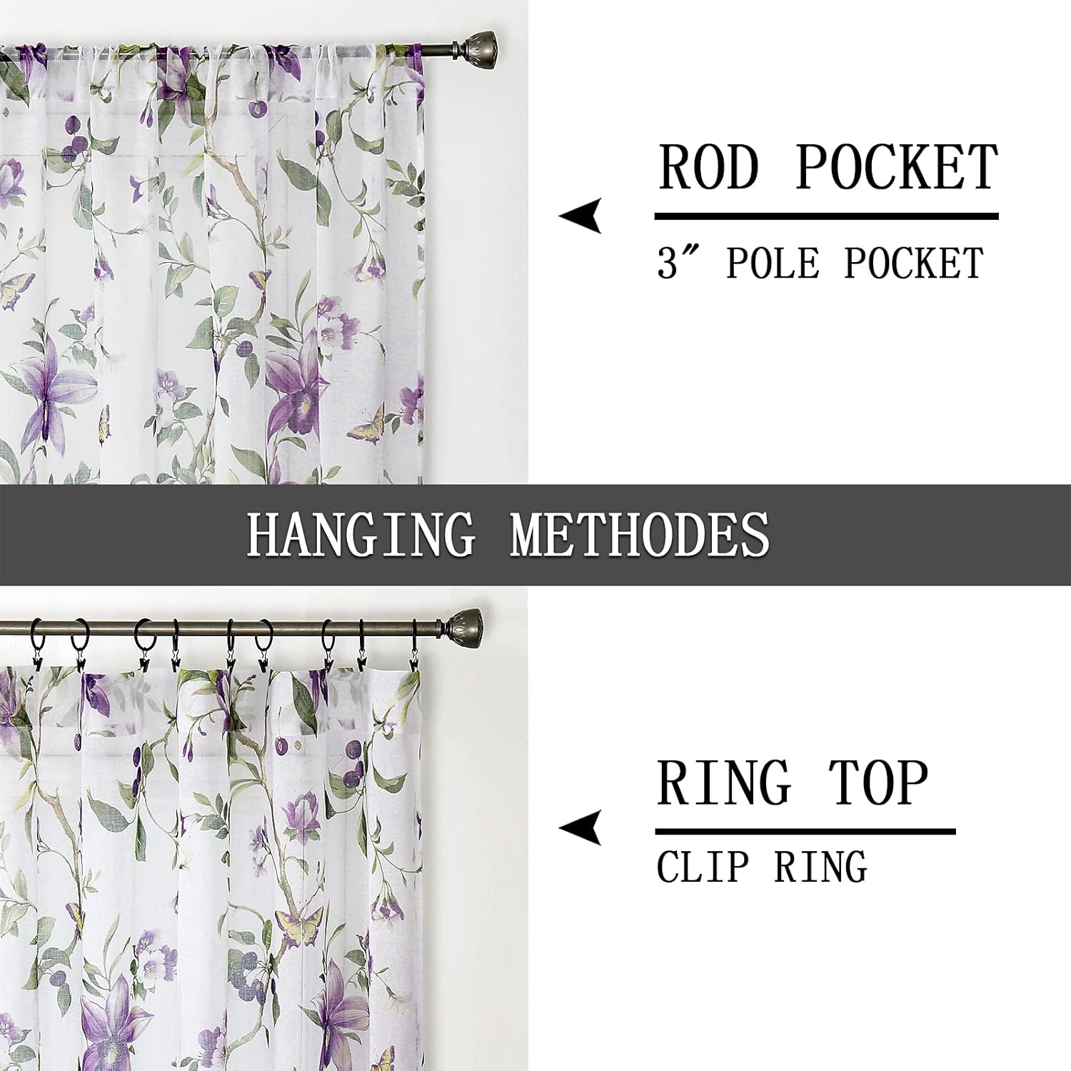 Tollpiz Cortinas traslúcidas con estampado floral de cerezo morado y mariposa, cortinas para sala de estar, cortinas con bolsillo para barra,