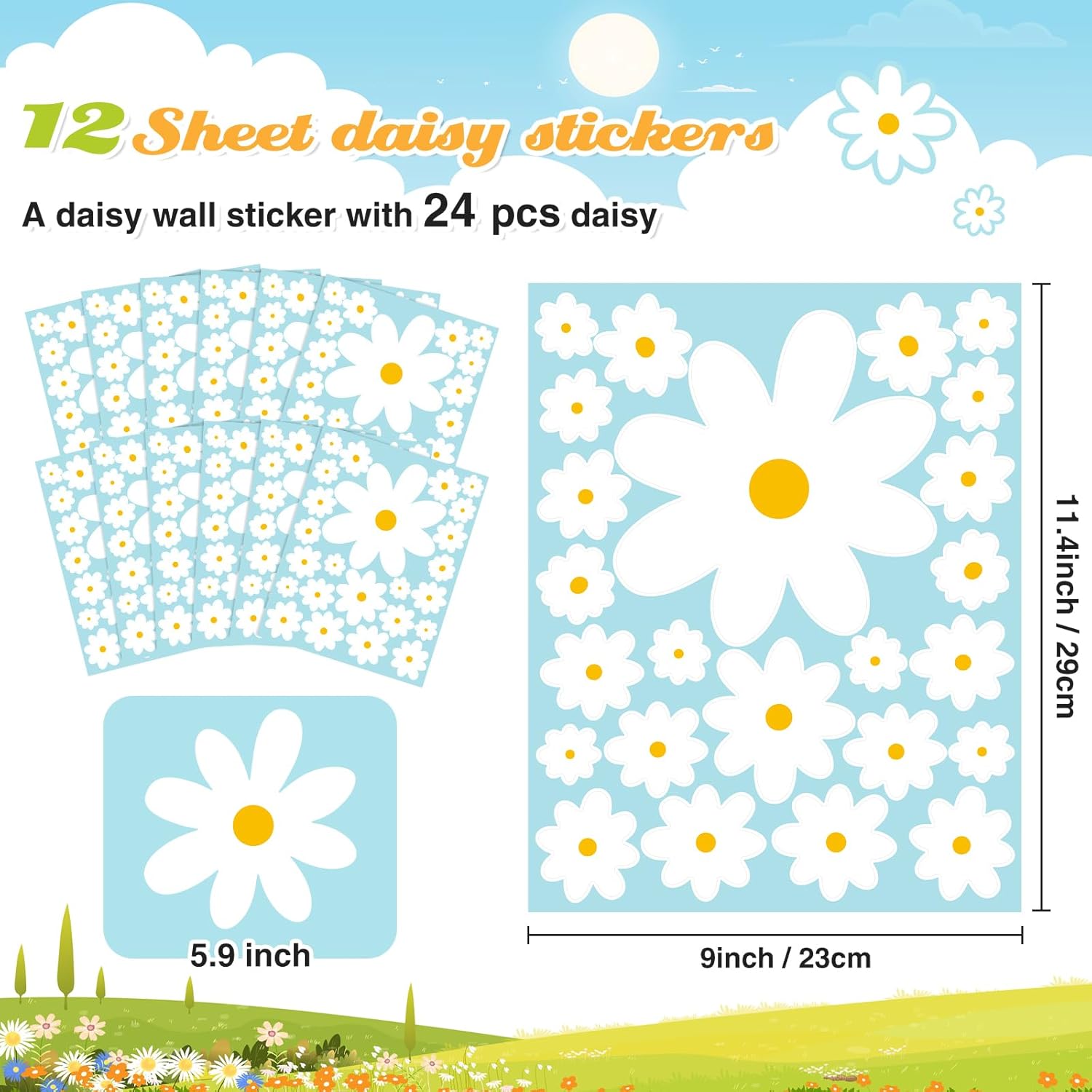 TaoBary 288 piezas de calcomanías de pared de margaritas de flores blancas, calcomanías de pared de vinilo para despegar y pegar, decoración de
