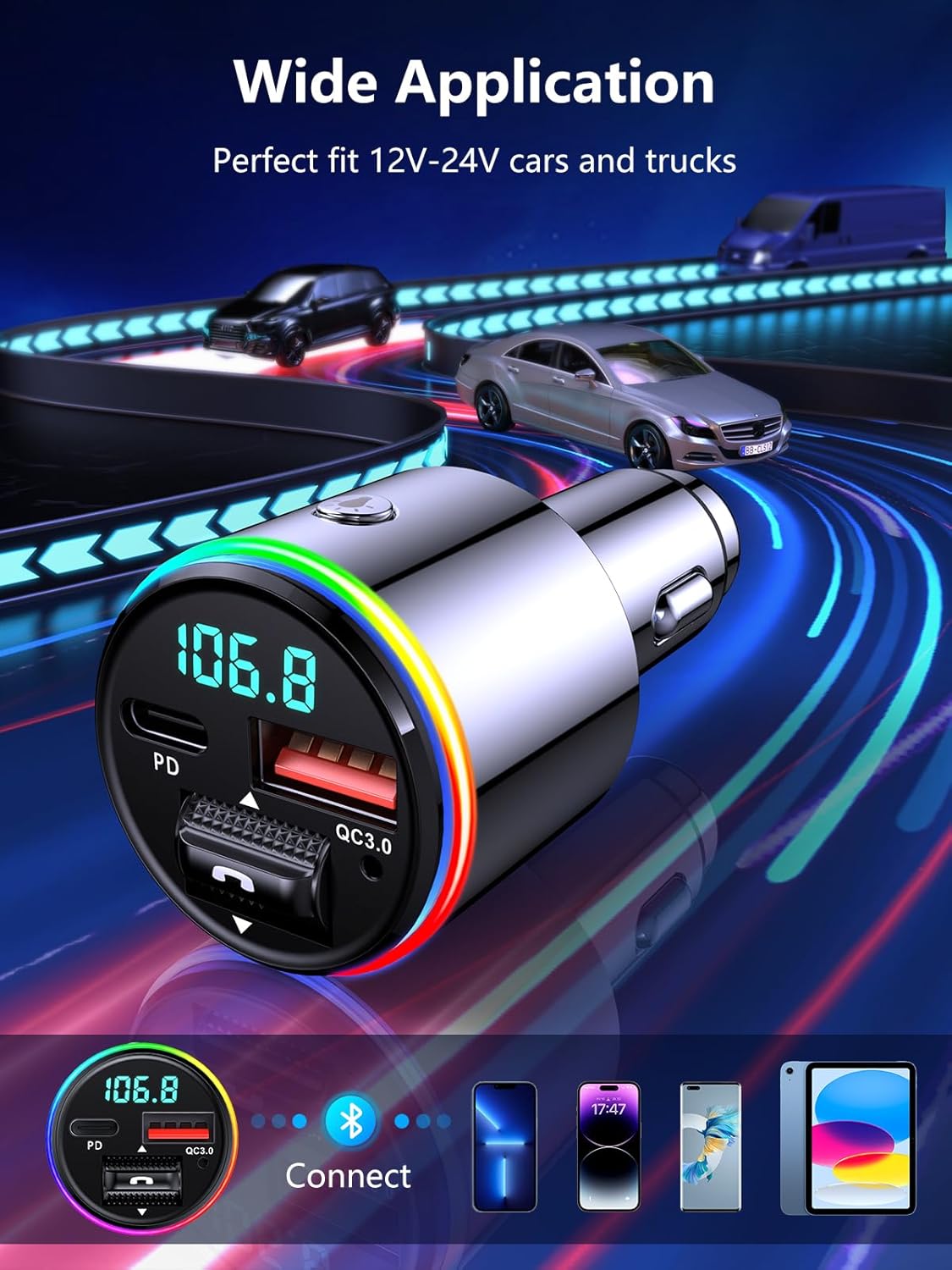 Transmisor FM Bluetooth 5.3 para coche, adaptador de radio FM inalámbrico Bluetooth para automóvil, QC3.0 18 W y cargador rápido tipo C PD 30 W,