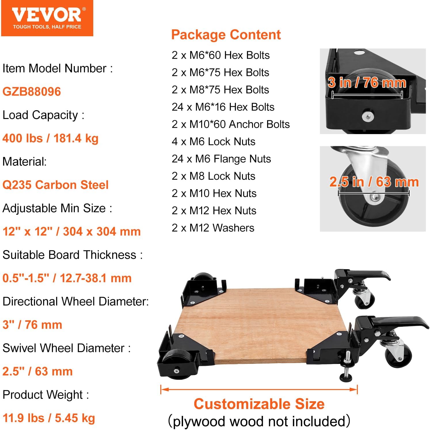 VEVOR Base móvil, capacidad de peso de 400 libras, ajustable de 12 x 12 pulgadas a infinito, soporte de base móvil universal resistente con ruedas