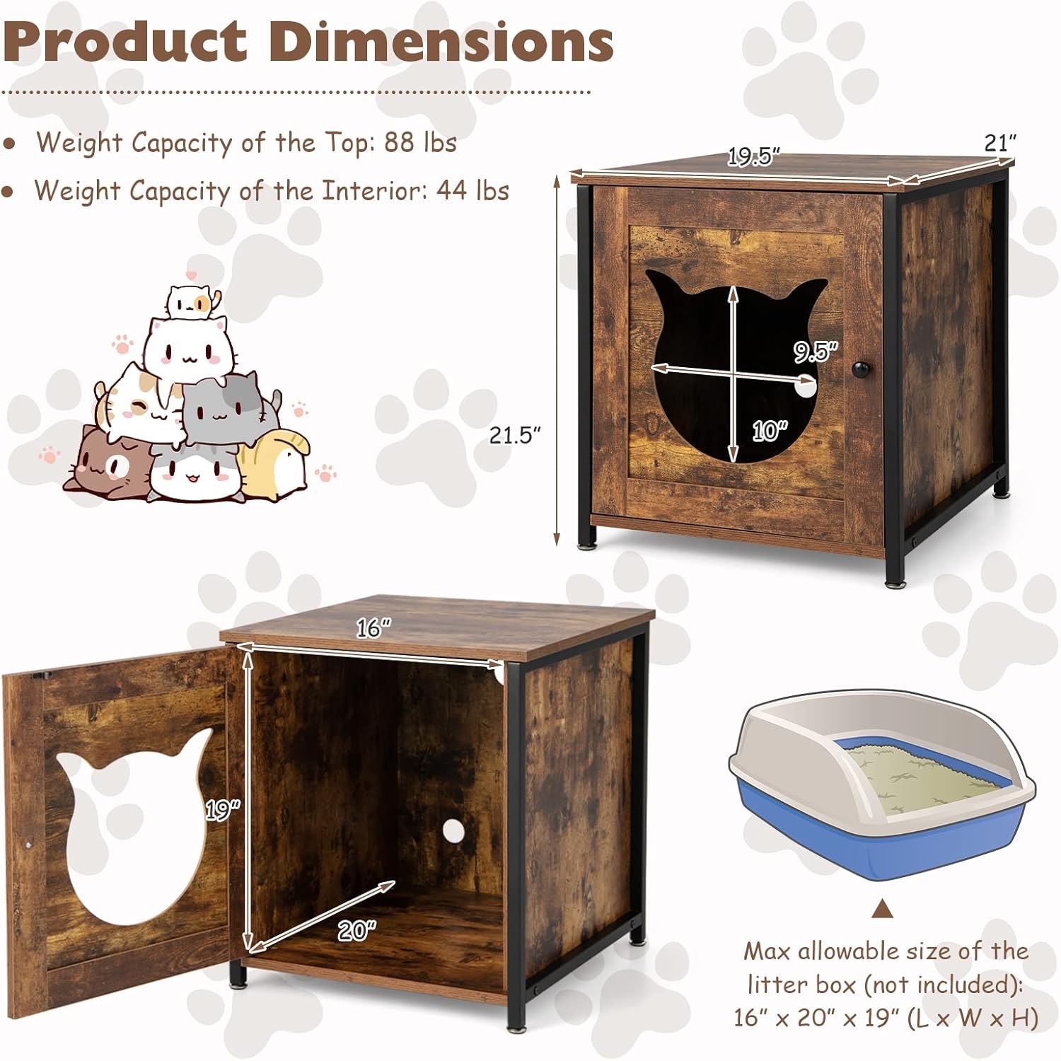 PETSITE Caja de arena, gabinete de baño para gatos con marco de metal, mesa auxiliar cerrada para gatos, mesita de noche, caja de arena oculta,