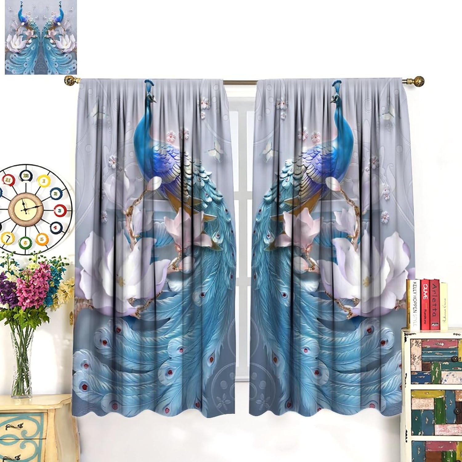Cortinas de pavo real, flores blancas, hermosas y elegantes, estilo de pintura al óleo de pavo real azul, tela de poliéster, tratamientos de ventana